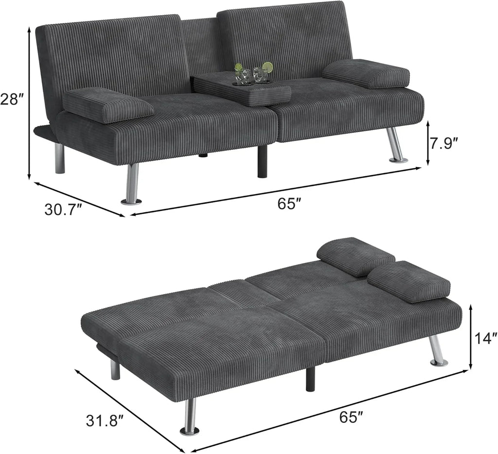 Shahoo Modern Linen Upholstered Convertible Folding Futon Sofa Bed with Removable Armrests