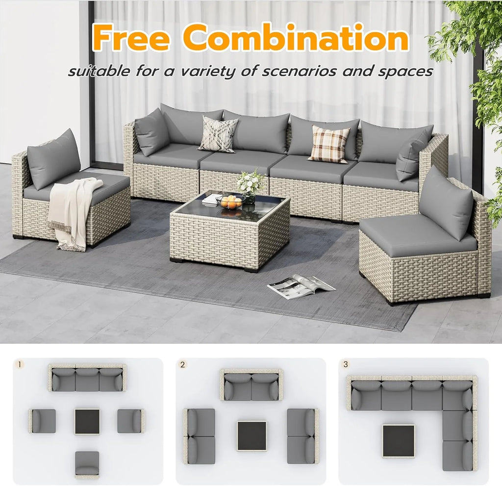 UDPATIO Outdoor Patio Furniture Set, 7-Piece PE Wicker Sectional Sofa with Tea Table, Outdoor Conversation Set for Patio, Garden, Backyard Green