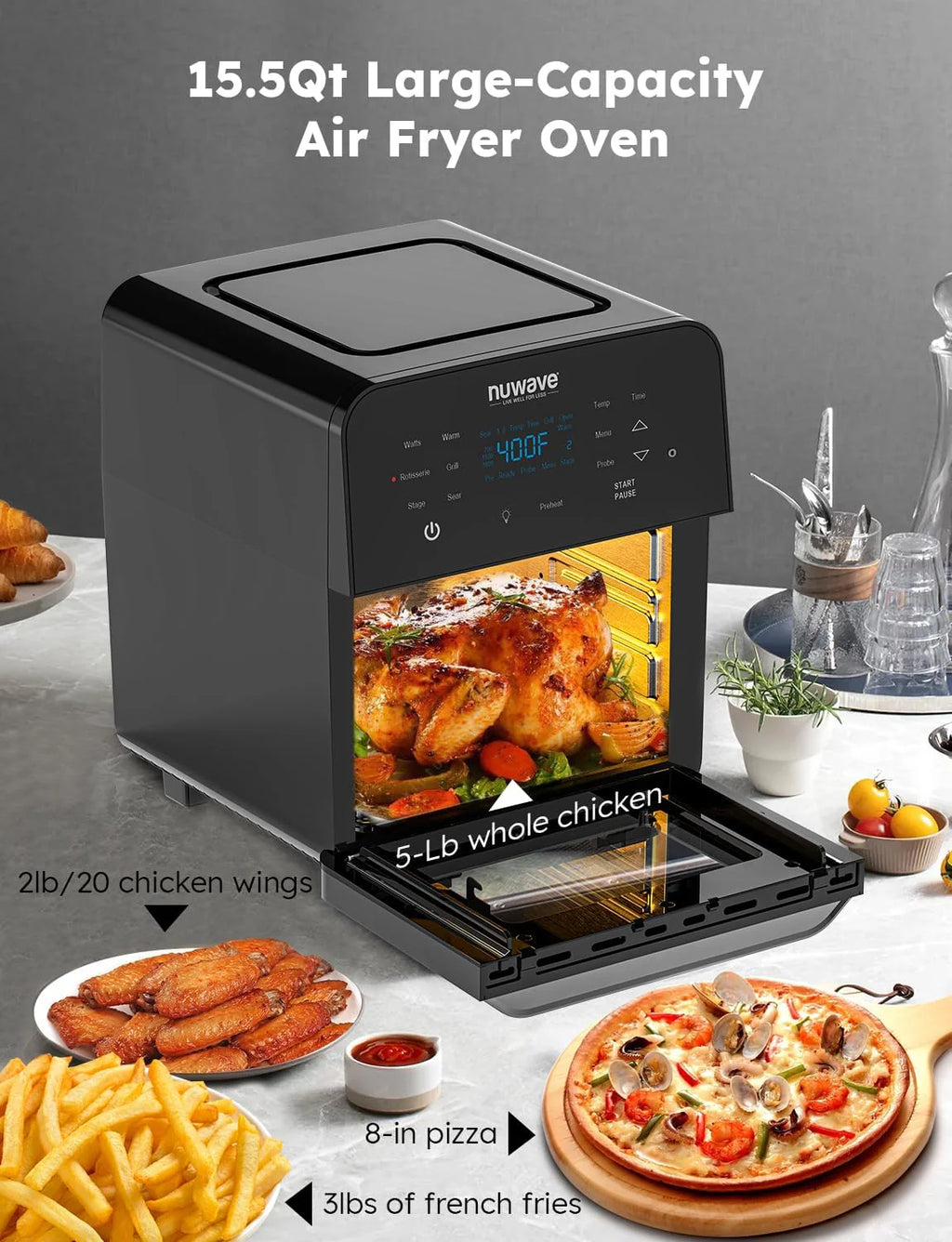 Nuwave Brio 15.5Qt Air Fryer & Broiler with 50°-425°F Temperature Control, 100 Presets and 50 Memory, Integrated Smart Thermometer, and Linear T Technology
