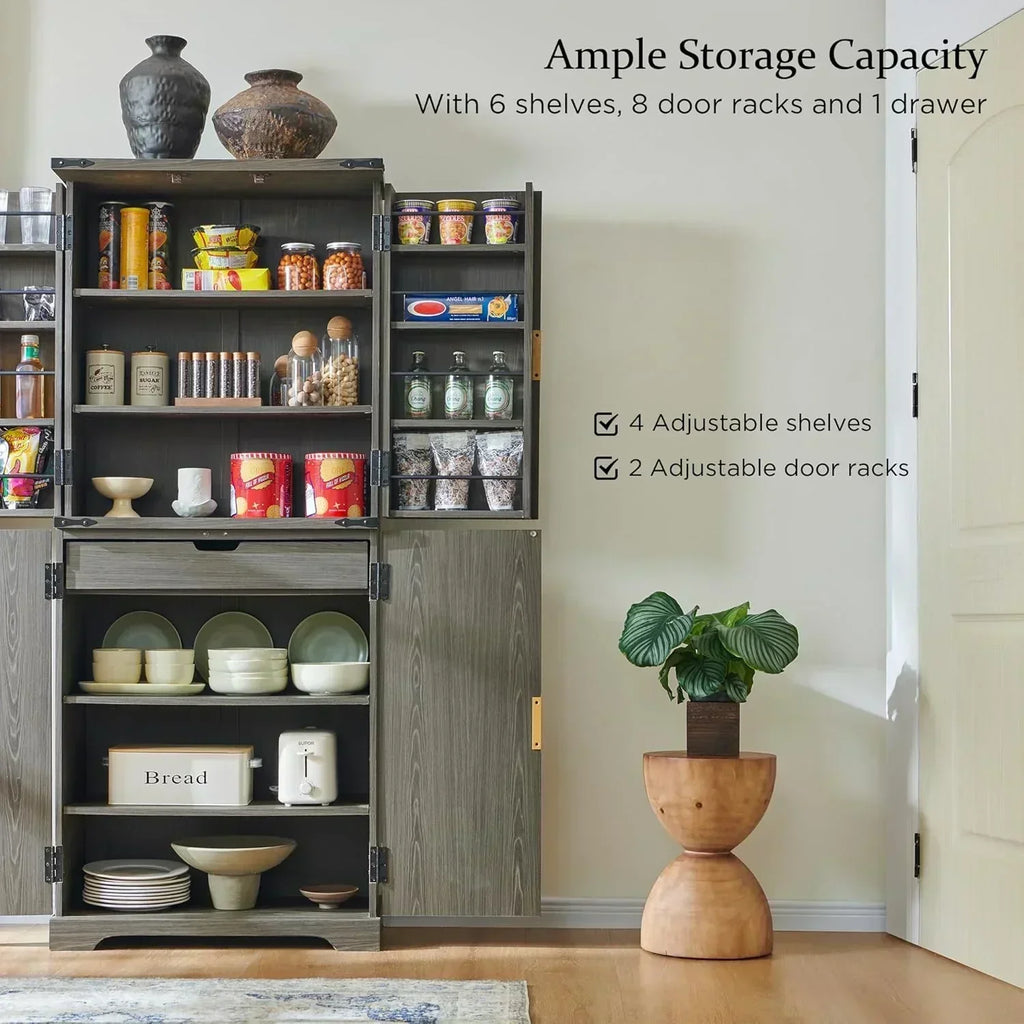 Fluted Pantry Cabinet 72 Tall Modern Storage Cabinet with 4 Doors Organizer Drawer