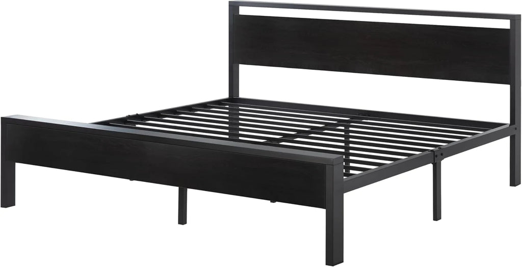 SHA CERLIN 14 Inch Queen Size Metal Platform Bed Frame with Wooden Headboard and Footboard
