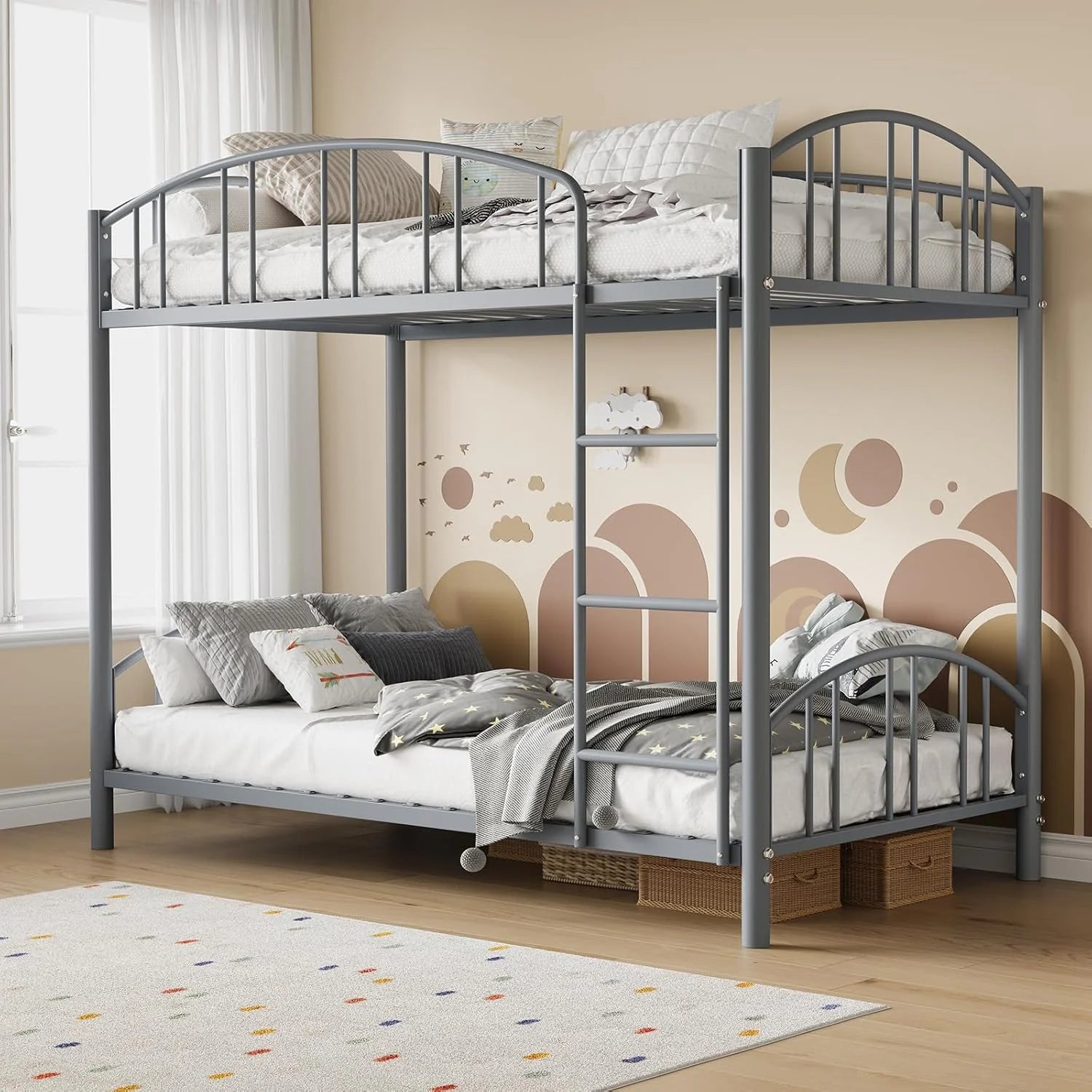 GarveeHome Metal Bunk Bed Twin Over Heavy Duty Bunkbeds Frame Arched Guardrail Safety Ladder