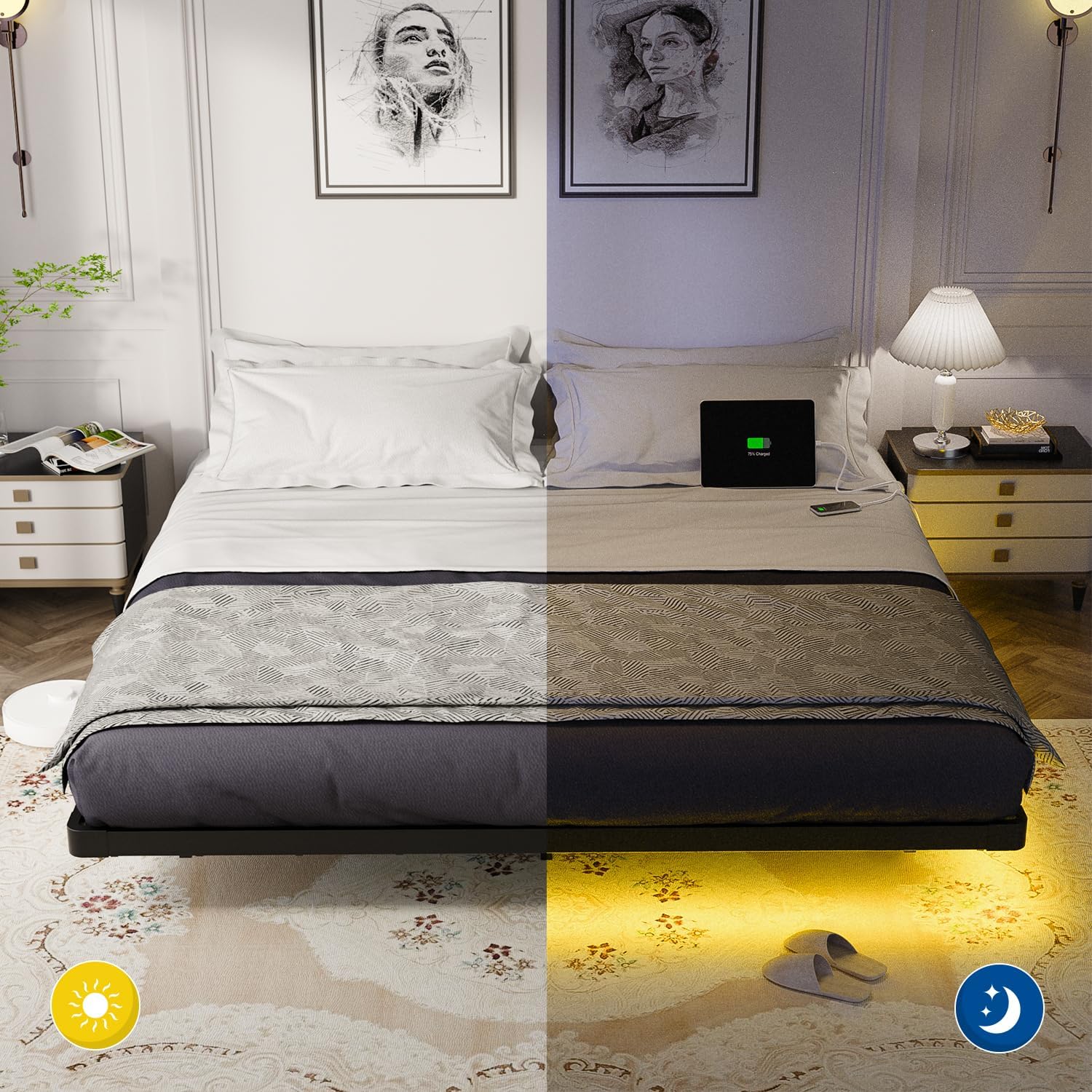 OLEVS Floating Bed Frame Queen Size with Smart LED Lights Modern Metal Platform Bed
