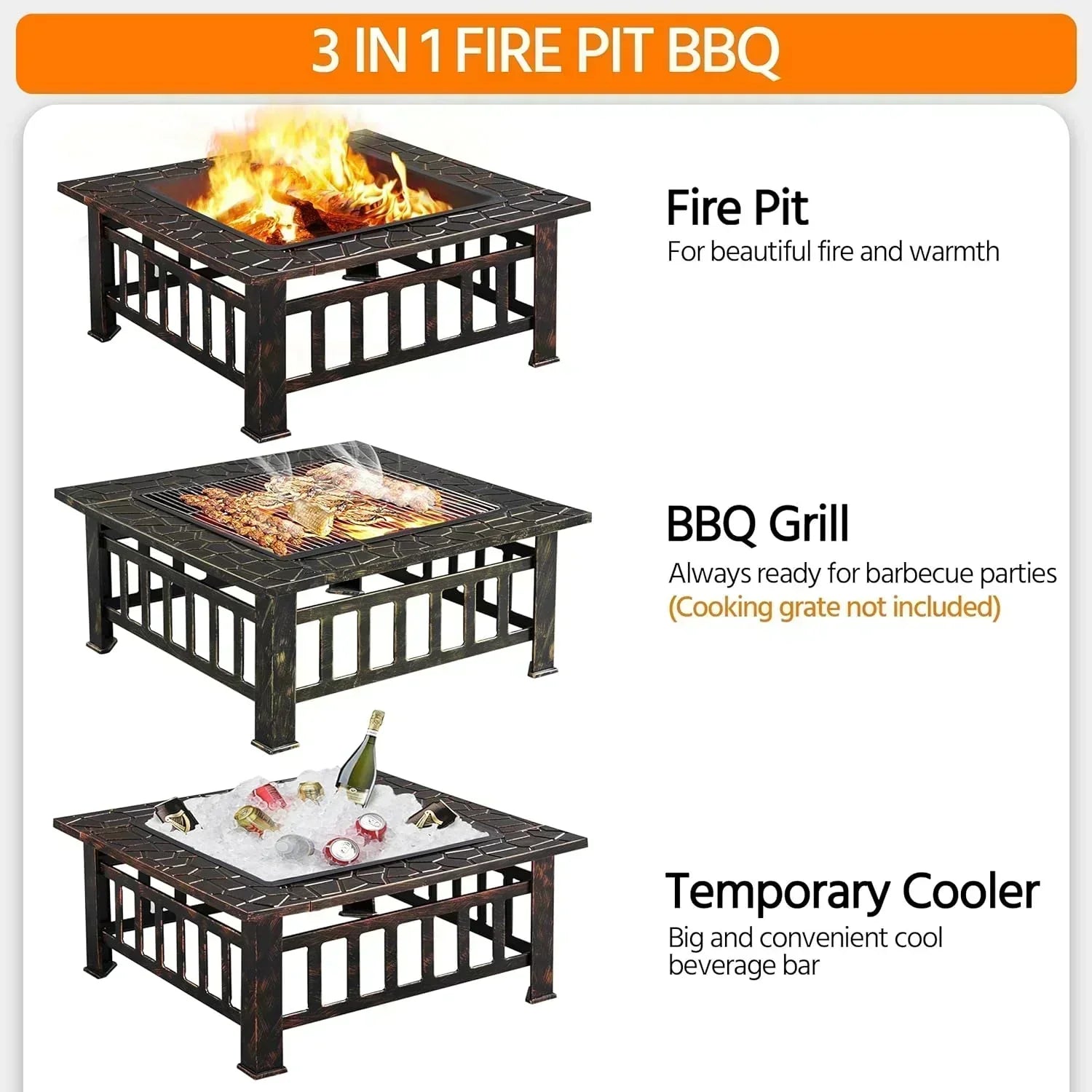 Yaheetech Multifunctional Fire Pit Table Square Metal Firepit Stove Backyard Patio Garden Fireplace