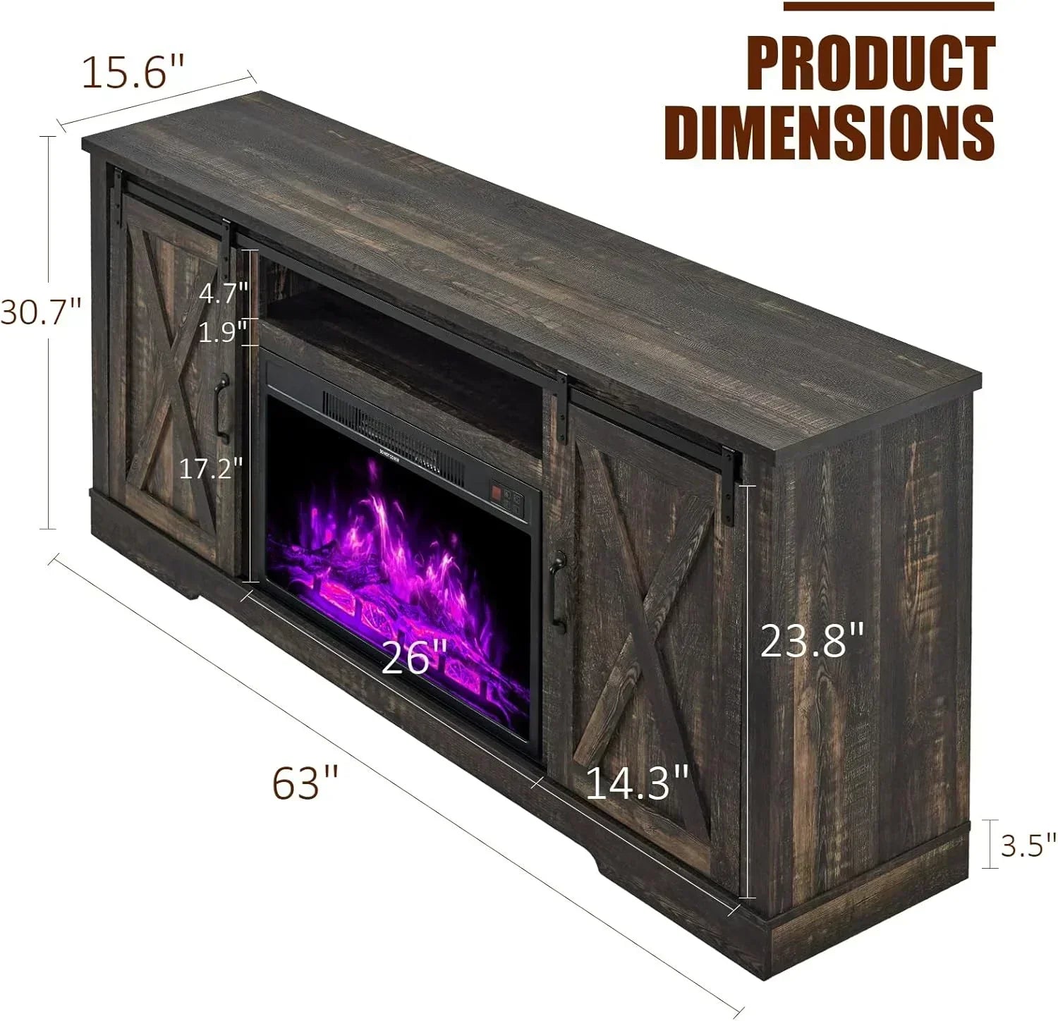 AMERLIFE Fireplace TV Stand with Sliding Barn Door  Farmhouse 63 Fireplace Entertainment Center