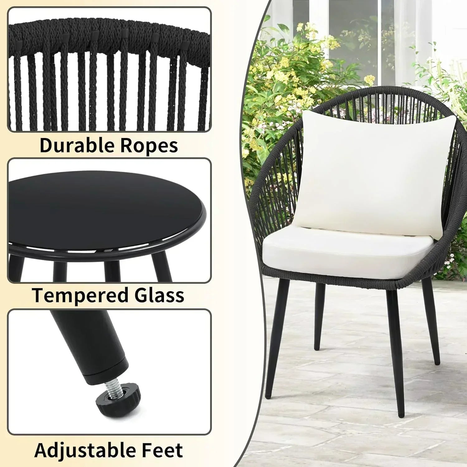 3 Piece Bistro Set Woven Rope Chair with Cushions All Weather Patio Conversation Set Side Table