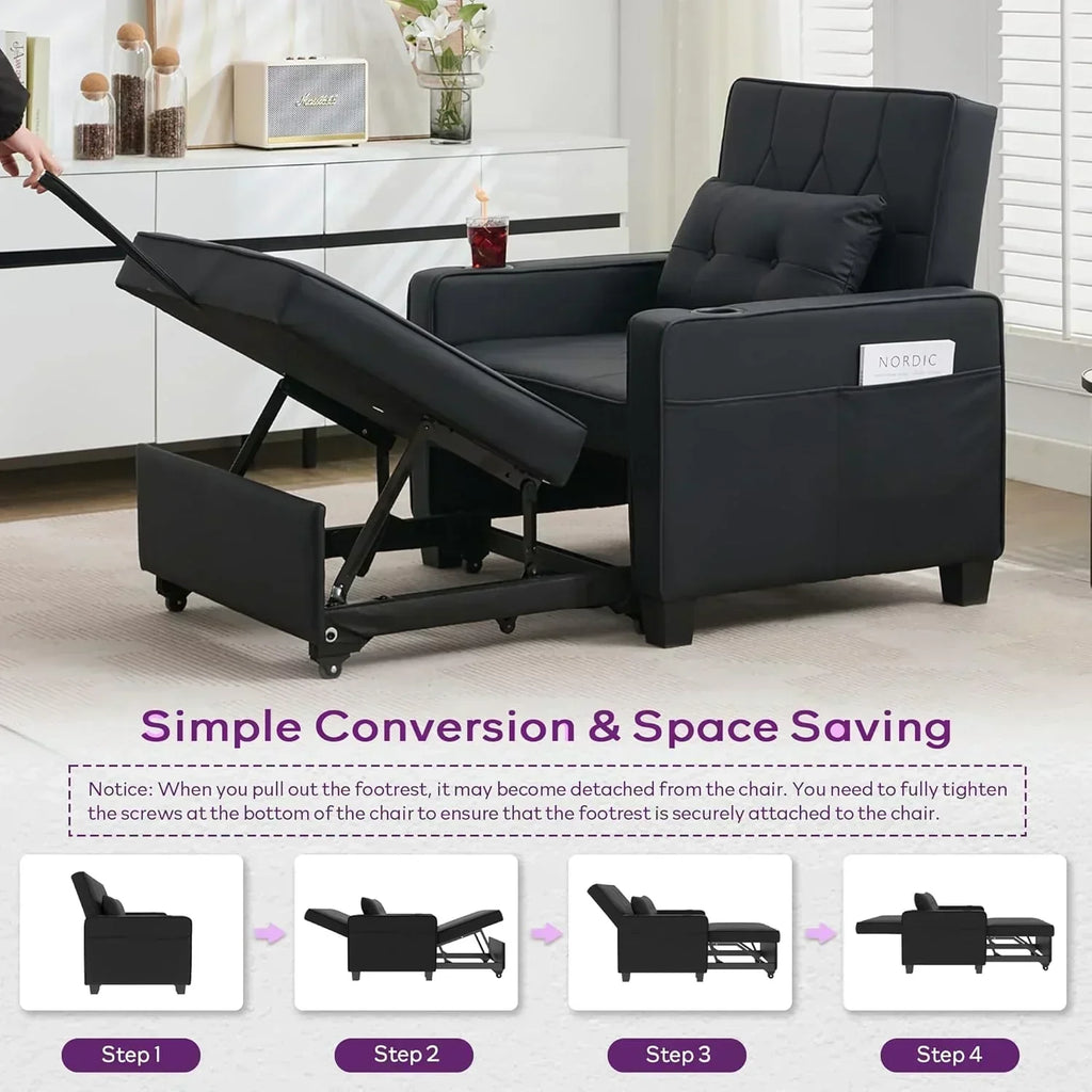 Adult Convertible Sleeper Chair Bed 3-in-1 Pull-Out Sofa Bed with USB/Type-C Ports Cup Holders