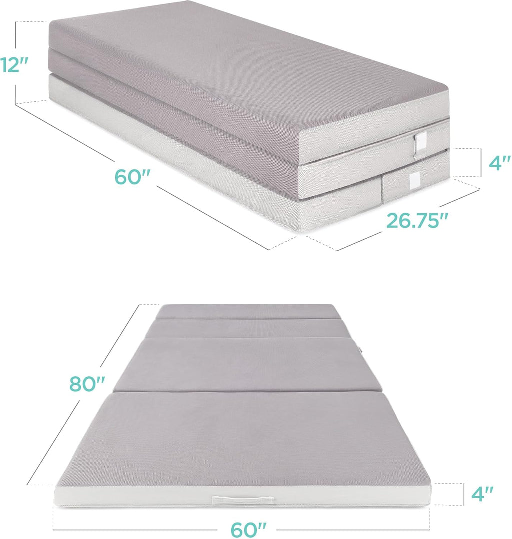 4in Portable Queen-Size Mattress, Tri-Fold Mattress for Camping, Guest, Toddler