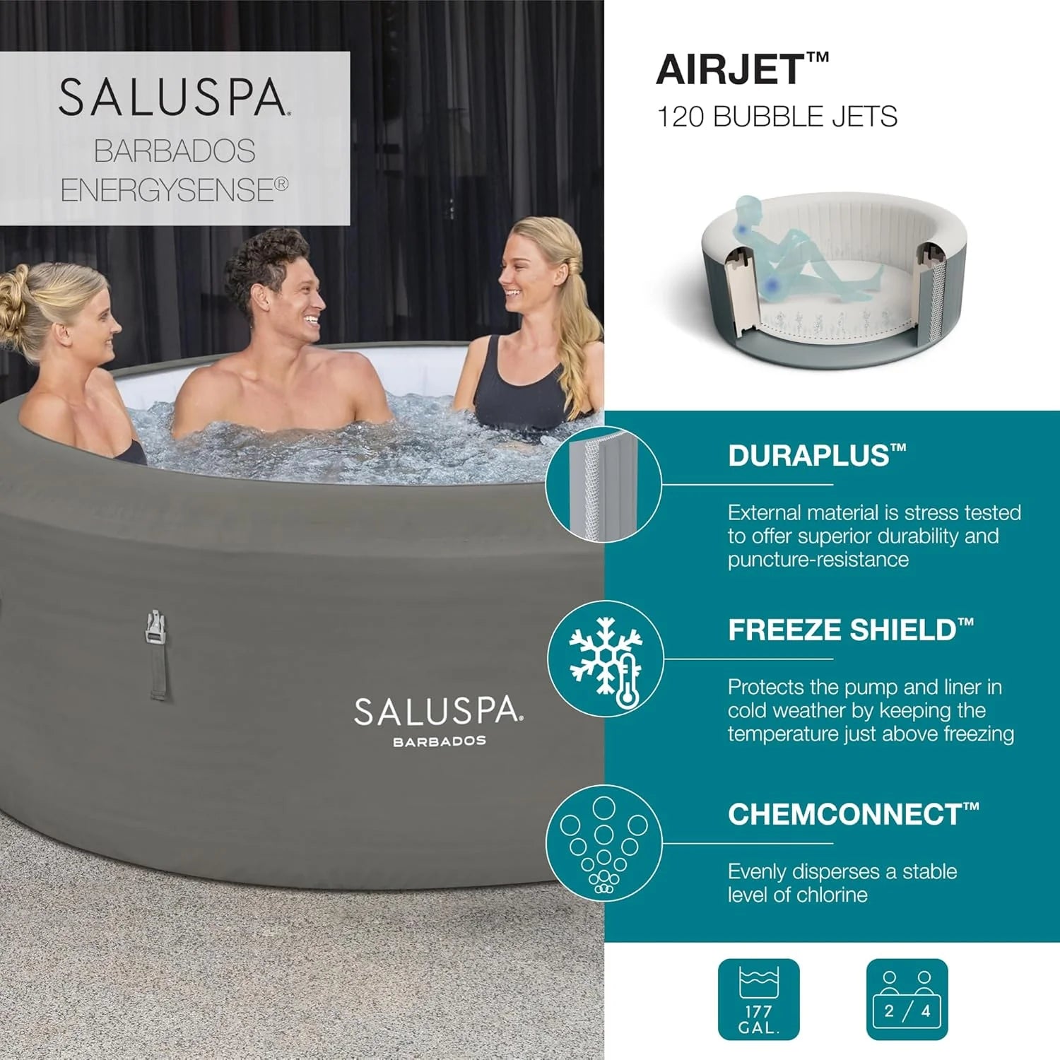 Bestway SaluSpa Miami EnergySense AirJet Inflatable Hot Tub Spa (71 x 26) | Portable Hot Tub with 2 Covers (1 Energy-Efficient Thermal Cover and 1 Standard Cover) | Fits Up to 2-4 Persons | Black