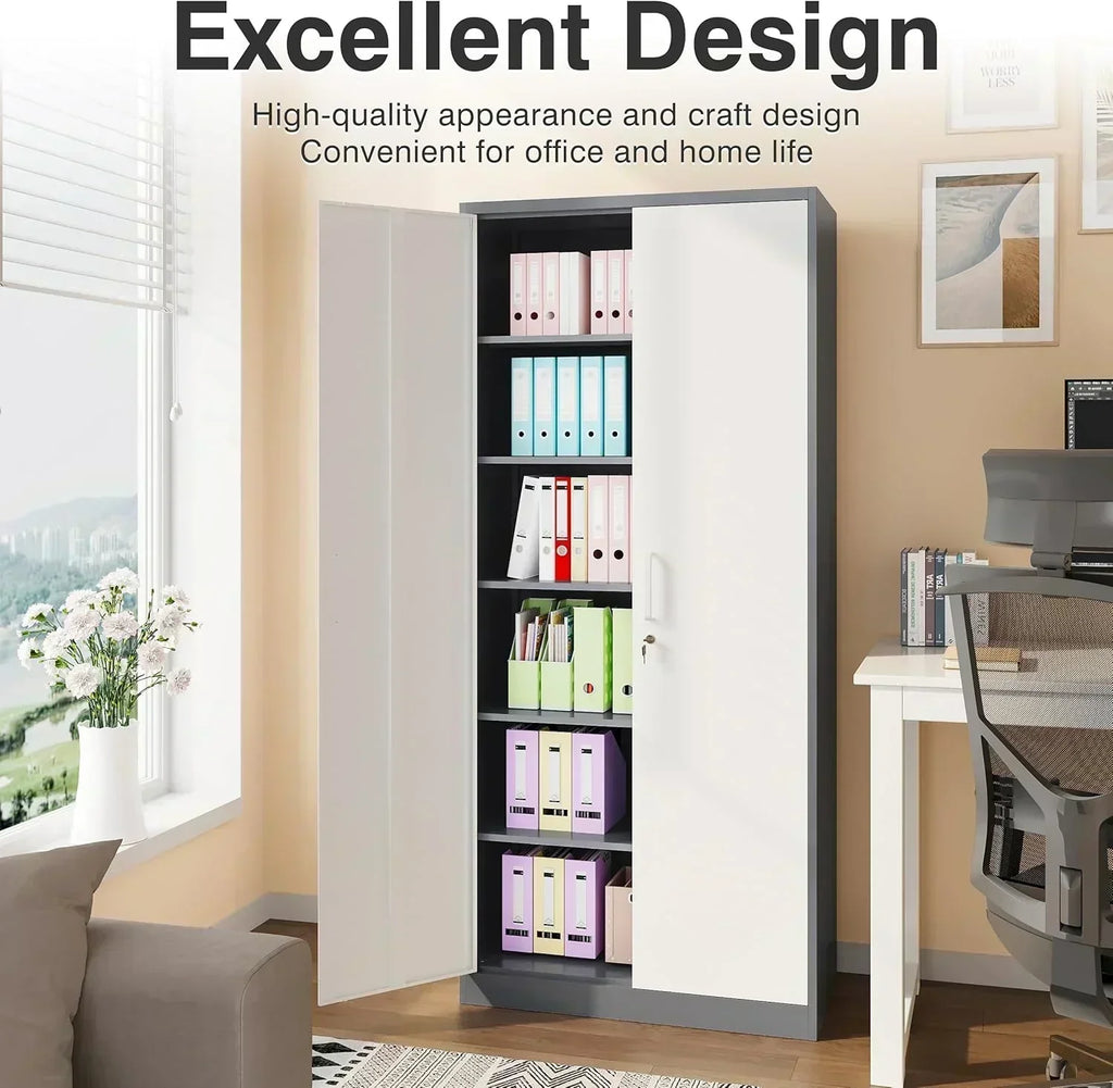 Metal Storage Cabinet with 2 Doors and 6 Shelves Black Metal Cabinet Garage Storage Cabinet