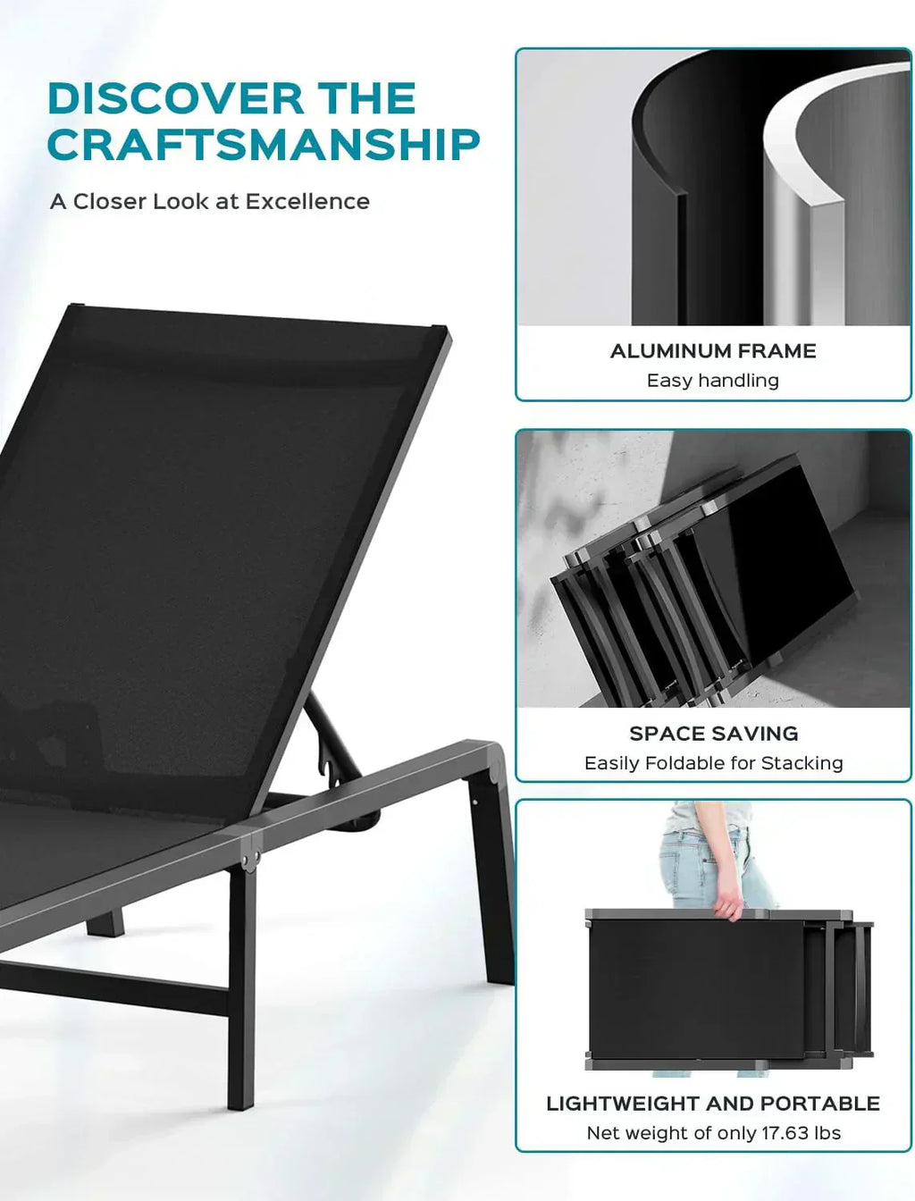 Aluminum Chaise Lounge Outdoor Foldable Assemble Free Outdoor Lounge Chair 5 Adjustable Backrest