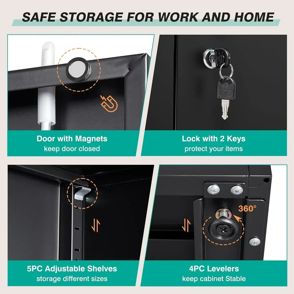 Metal Storage Cabinet with 2 Doors and 6 Shelves Black Metal Cabinet Garage Storage Cabinet
