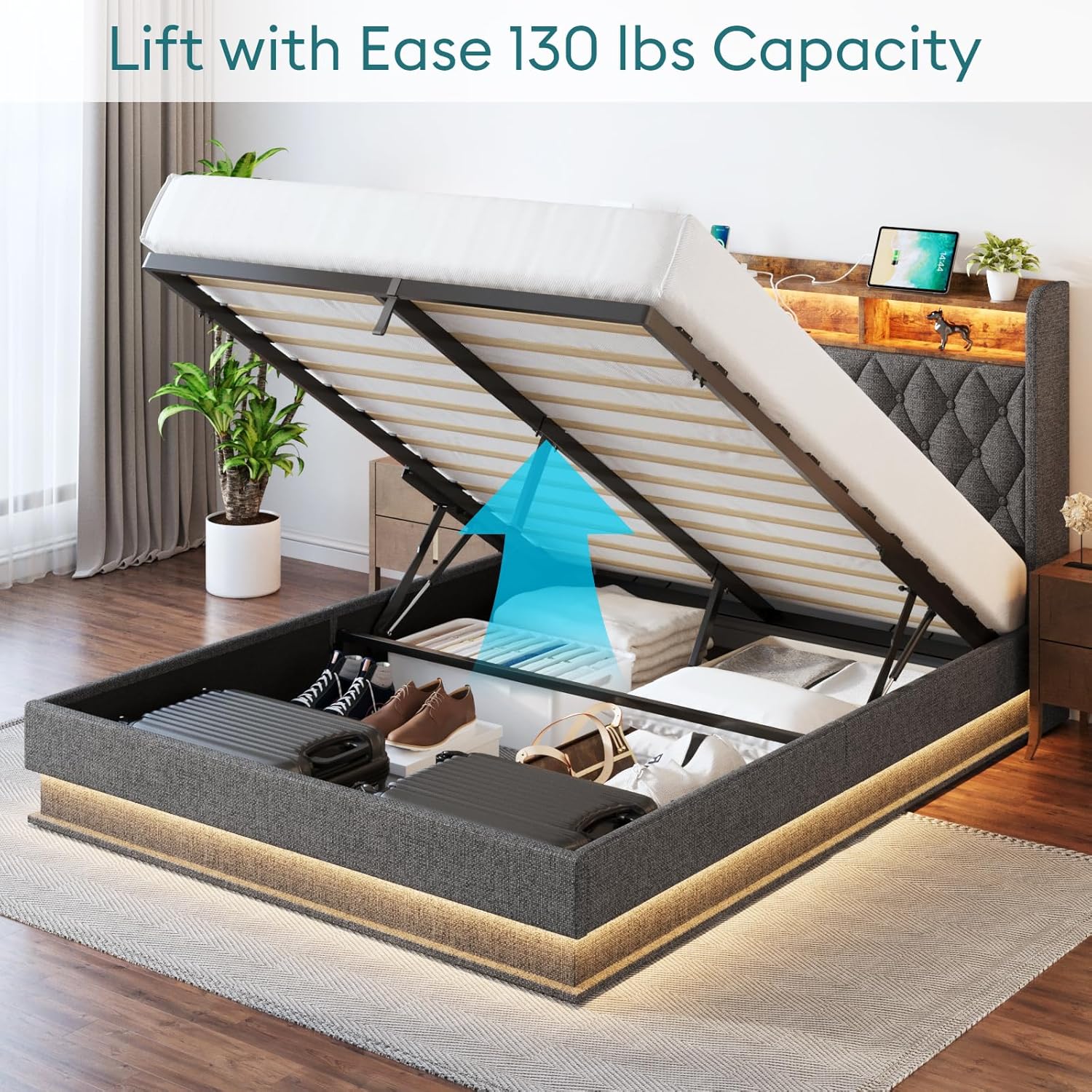 Queen Bed Frame with Storage Lift Up Queen Size Bed Frame Headboard Upholstered Platform Bed