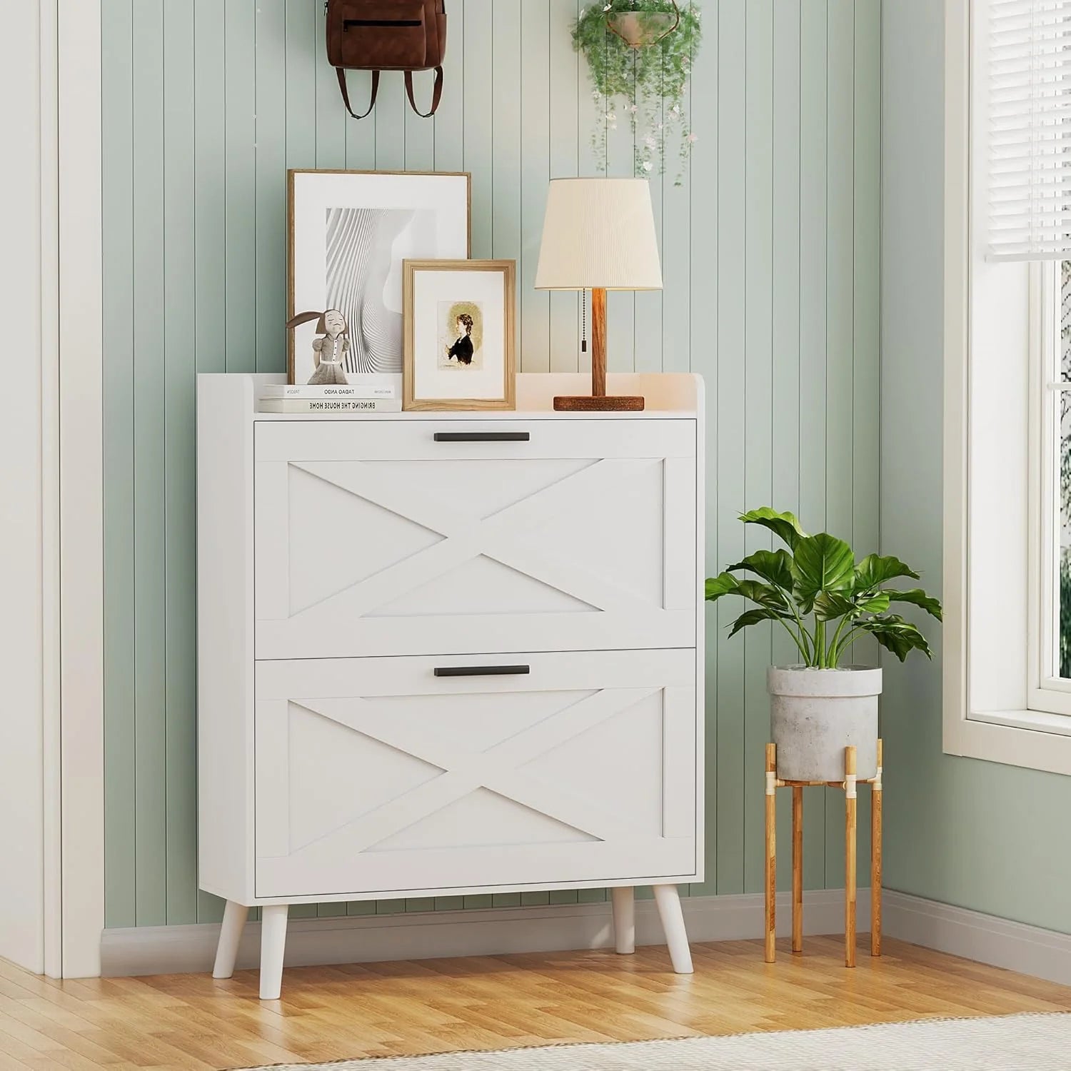 32 wide farmhouse shoe cabinet with 2 flip-top drawers and barn door design, adjustable shelves