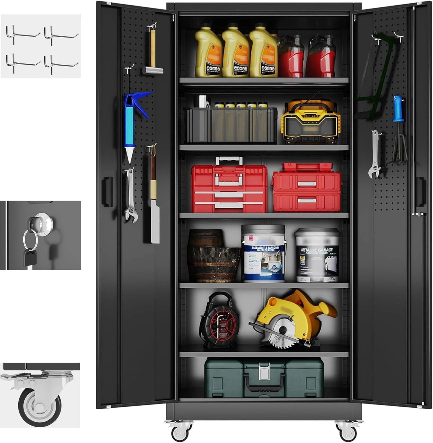 Aobabo 73''H Metal Garage Storage Cabinet with Wheels,Steel Cabinets with 2 Doors and 4 Adjustable Shelves for Home Office,Required Assembly,Black