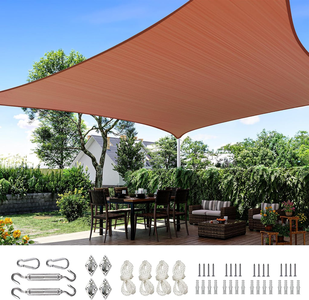 Quictent 20X20FT 185G HDPE Square Sun Shade Sail Canopy 98% UV Block Outdoor Patio Garden with Hardware Kit (Brown)
