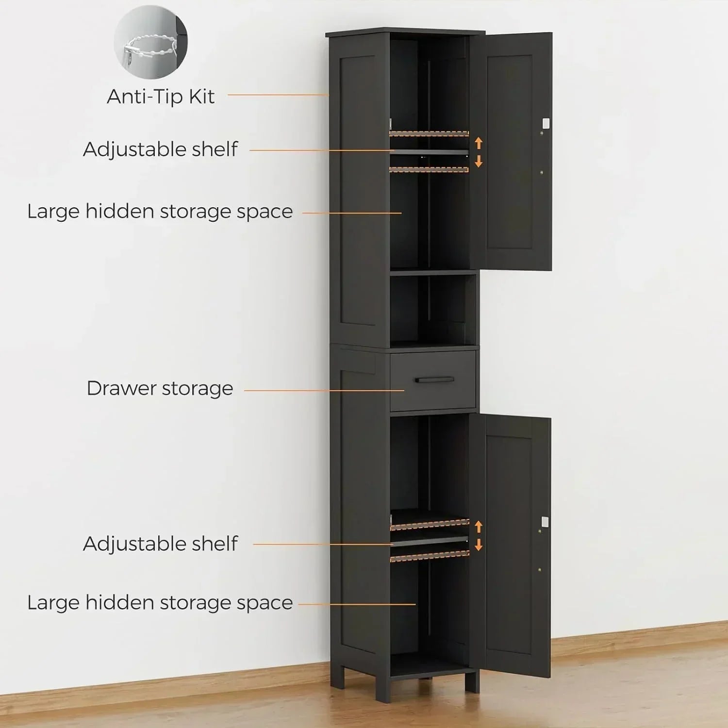 Homhedy 67 H Tall Bathroom Storage Cabinet with 2 Barn Doors and 1 Drawer Narrow Storage Unit