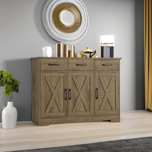 Modern farmhouse sideboard, barn door buffet storage cabinet with drawers and shelves, wooden coffee bar with storage