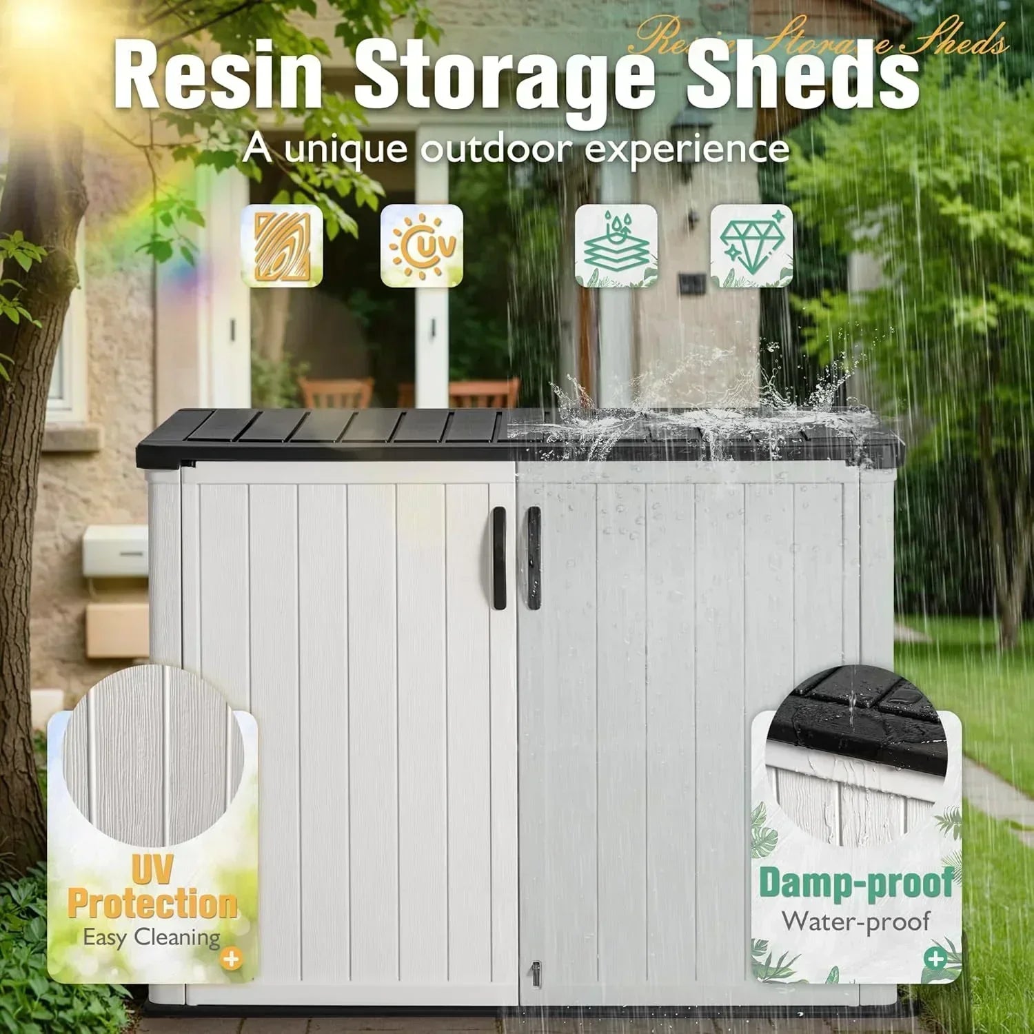 Greesum Outdoor Horizontal Storage Shed 27 Cu.ft Resin Large Storage Box for Garden Patio