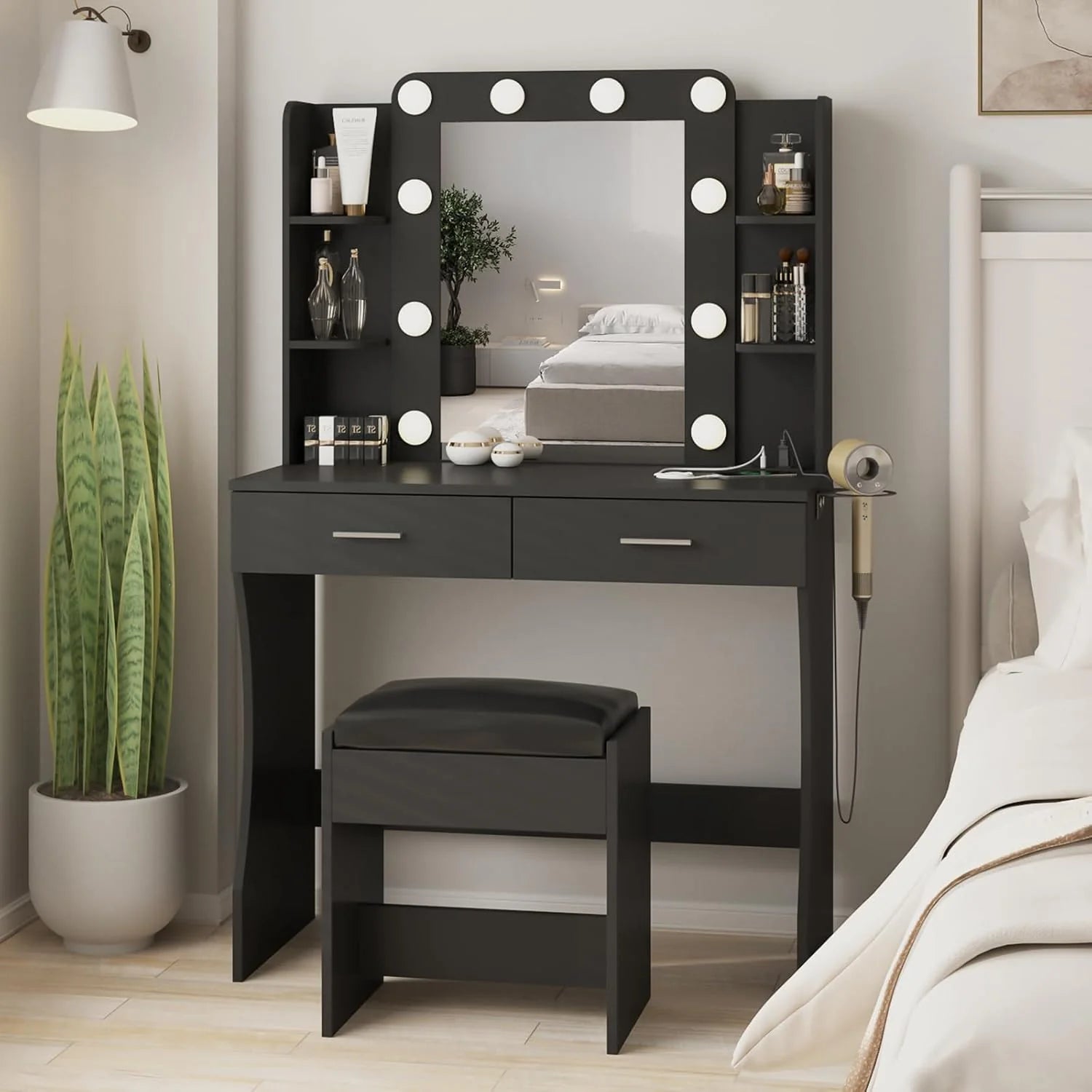 Vabches Vanity Desk with Lights,Makeup Vanity with Power Strip,Dressing Table Set