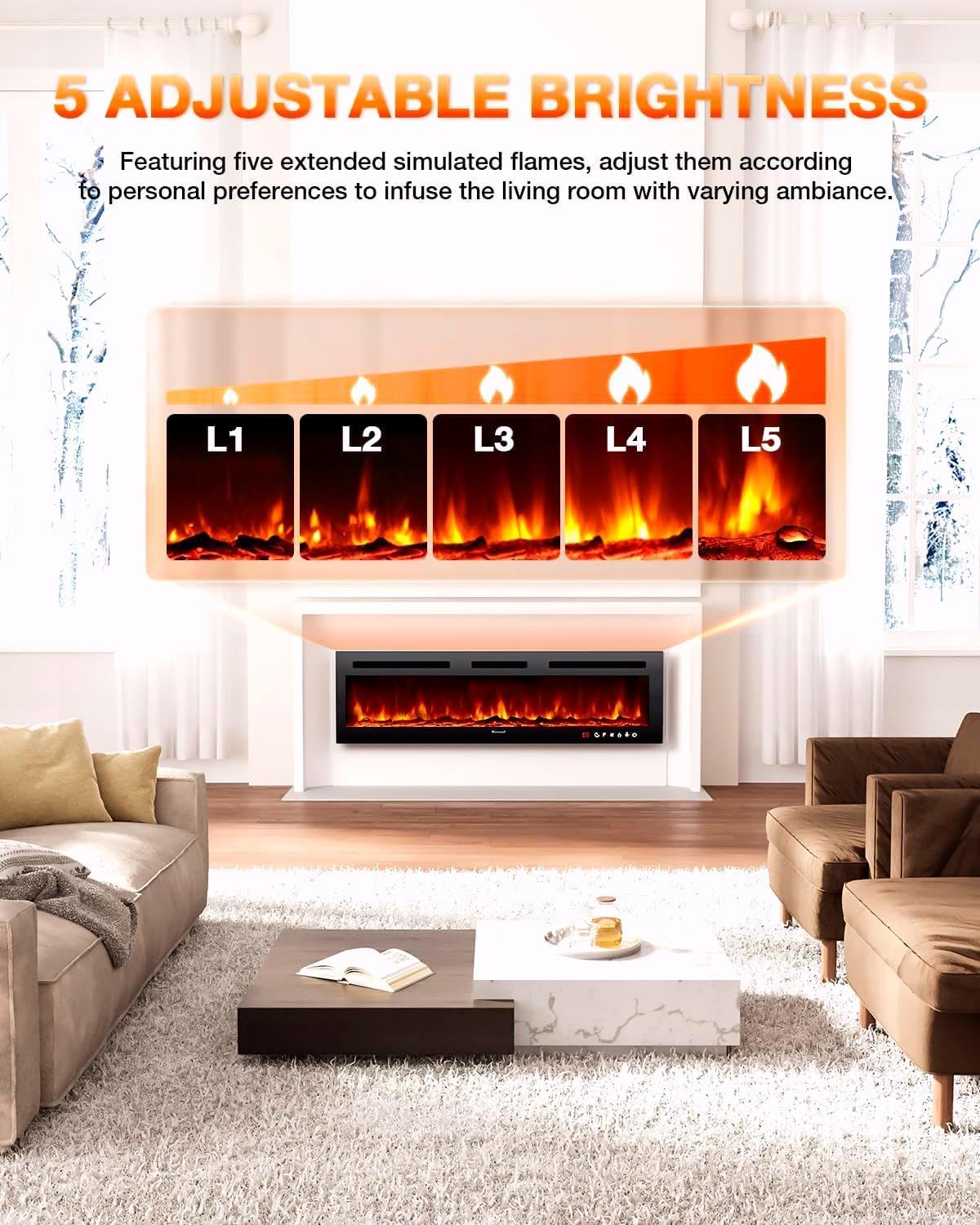 Electric Fireplace 60Inch,Wall Mounted Electric Fireplace Heater with Timer Inserts��TV Stand Touch Screen and Realistic Flame,Log Set,Crystal Flames 750 to 1500W��Remote for Living Room