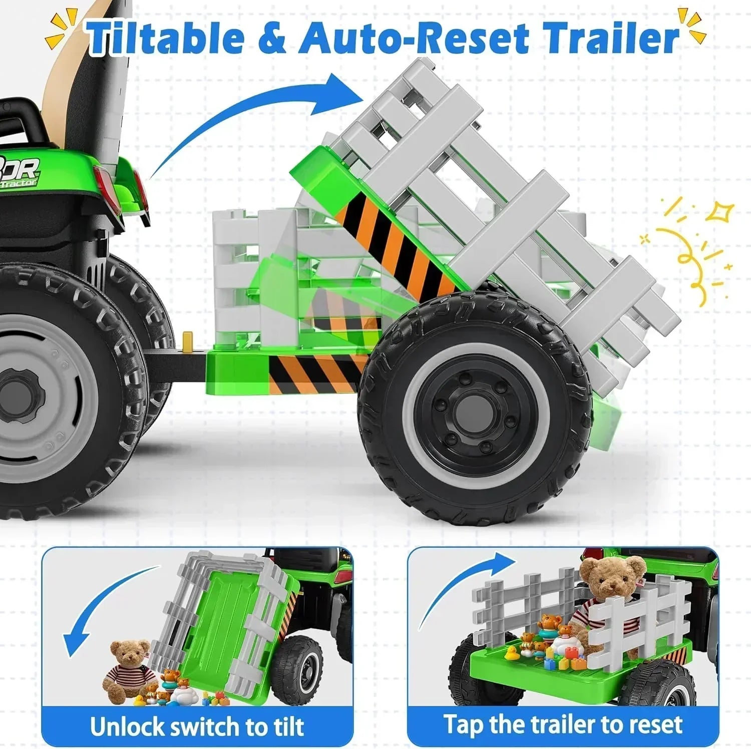 24V Ride On Tractor Tiltable Detachable Trailer 2x65W Motors EVA Tires Remote Control
