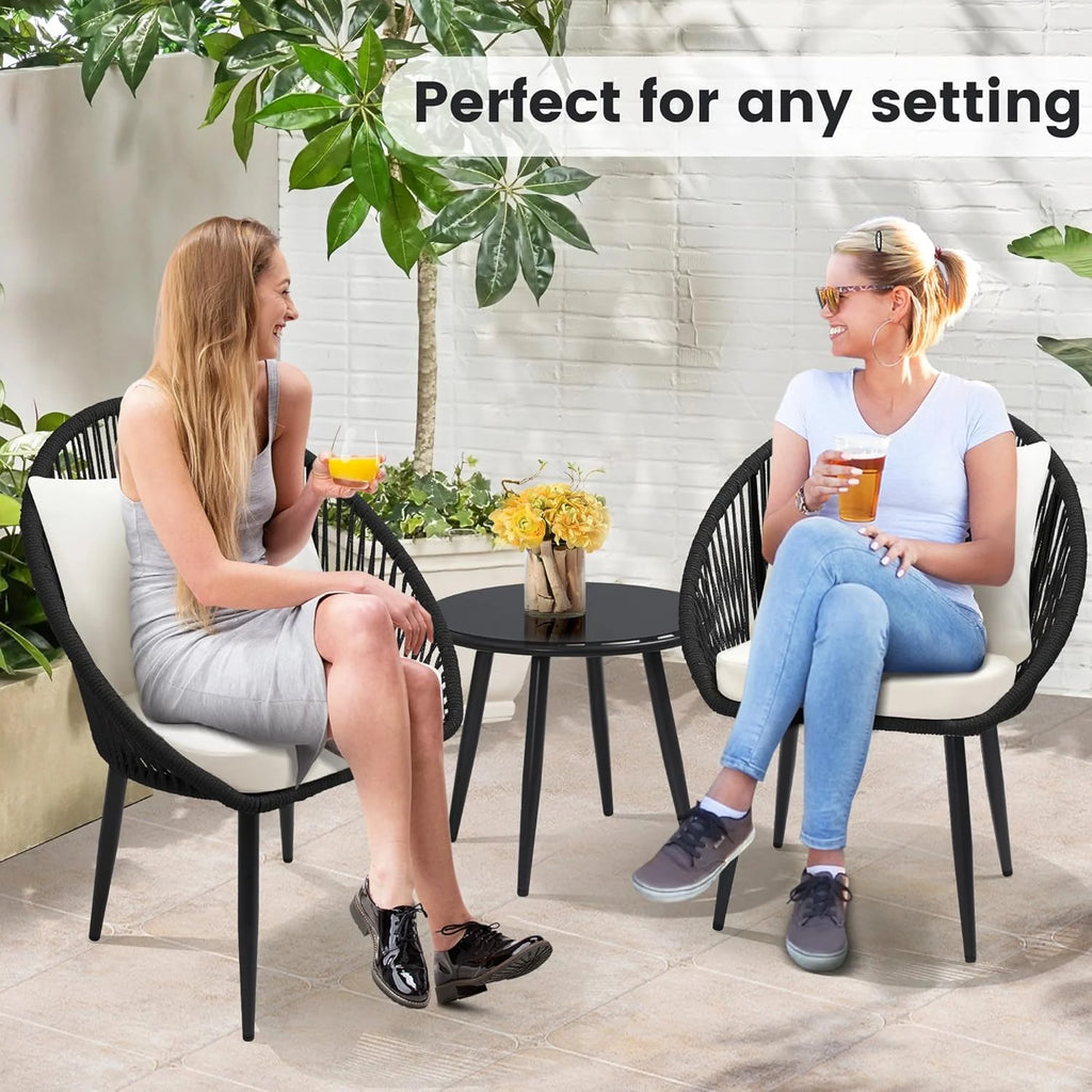 3 Piece Bistro Set, Woven Rope Chair with Cushions, All Weather Patio Conversation Set with Side Table, Ideal for Deck, Balcony, Poolside, Black