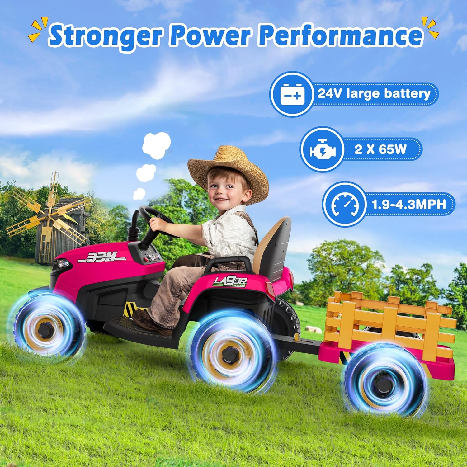 24V Ride On Tractor Tiltable Detachable Trailer 2x65W Motors EVA Tires Remote Control