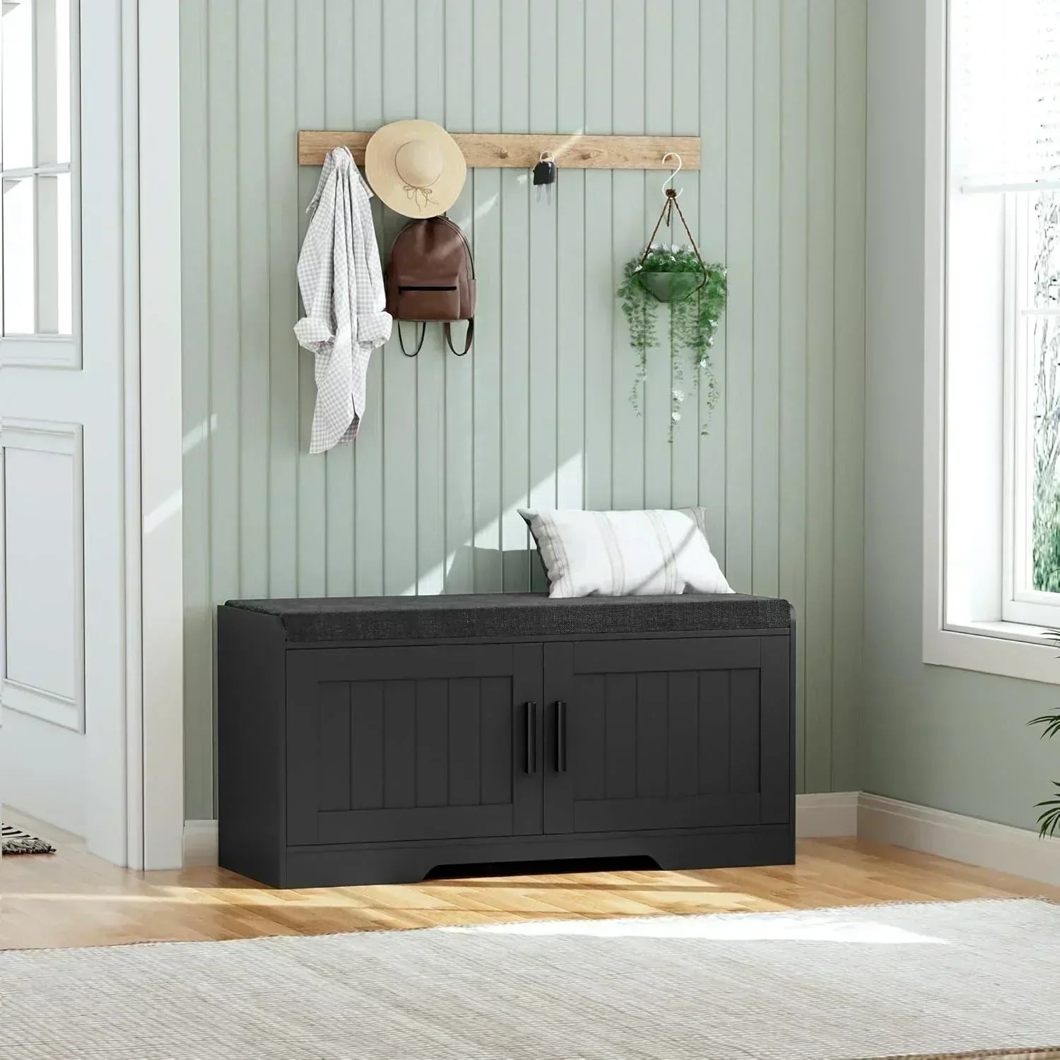 2-Tier Storage Bench Shoe Bench with Thickened Padded Seat Cushion Entryway Bench
