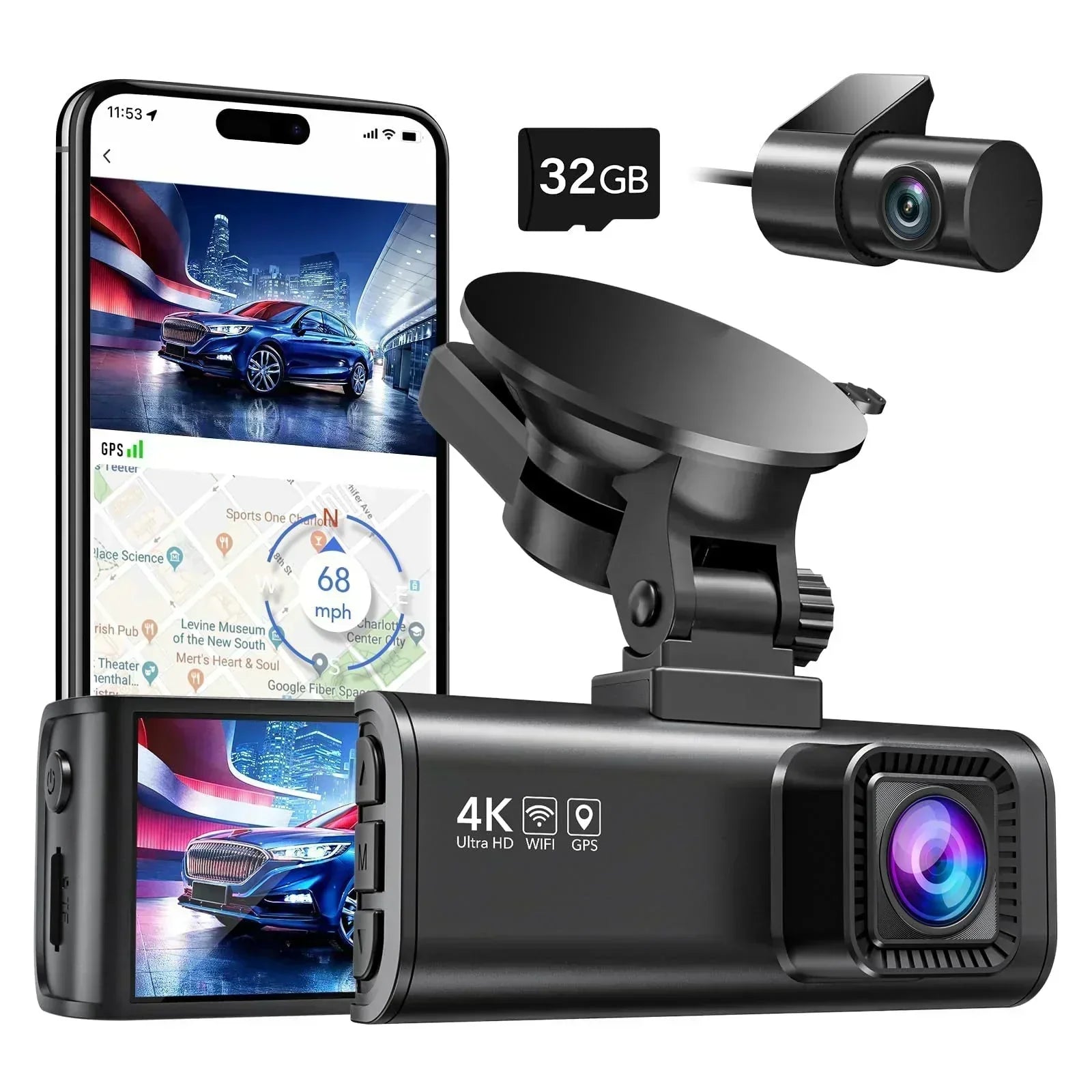 Dash Cam Front Rear 4K/2.5K Full HD Dash Camera for Cars Free 32GB