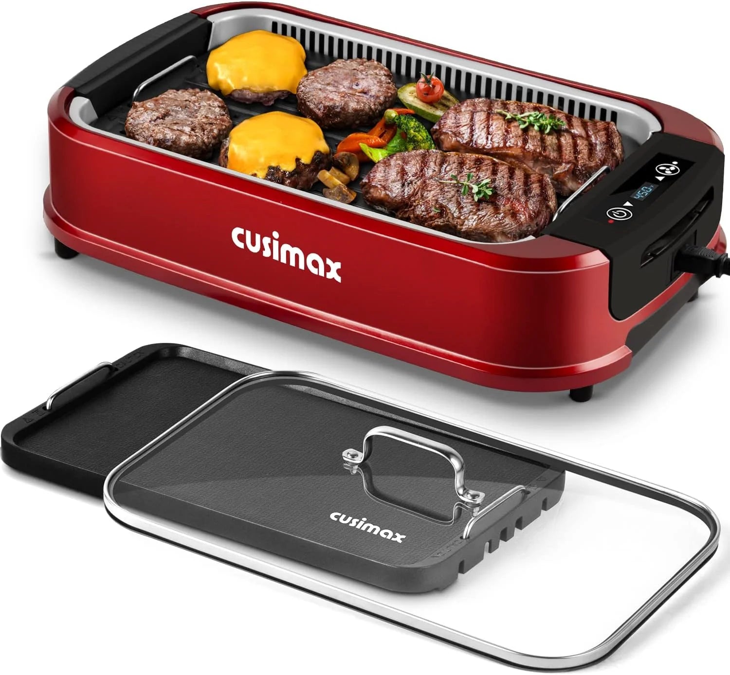 Indoor Grill CUSIMAX Electric Smokeless Grill Portable Korean BBQ with Turbo Smoke Extractor Technology, Non-stick Removable Plate, Tempered Glass Lid, Great for Party(Single Plate)
