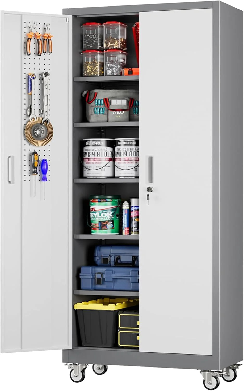 Aobabo 73''H Metal Garage Storage Cabinet with Wheels,Steel Cabinets with 2 Doors and 4 Adjustable Shelves for Home Office,Required Assembly,Black