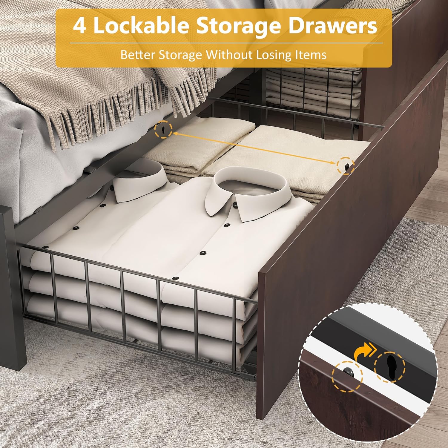 Lifezone Queen Bed Frame with 2-Tier Storage Headboard, Metal Platform Bed Frame with 4 Storage Drawers, Built in Charging Station & LED, Noise-Free/Metal Support/No Box Spring Needed