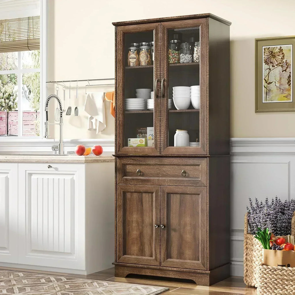 Kitchen Hutch Pantry Cabinet 71 Tall with Glass Doors