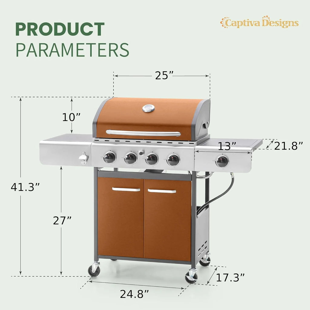 Captiva Designs 4-Burner Propane Gas BBQ Grill with Side Burner & Porcelain-Enameled Cast Iron Grates, 42,000 BTU Output Stainless Steel Grill for Outdoor Cooking Kitchen and Patio Backyard Barbecue