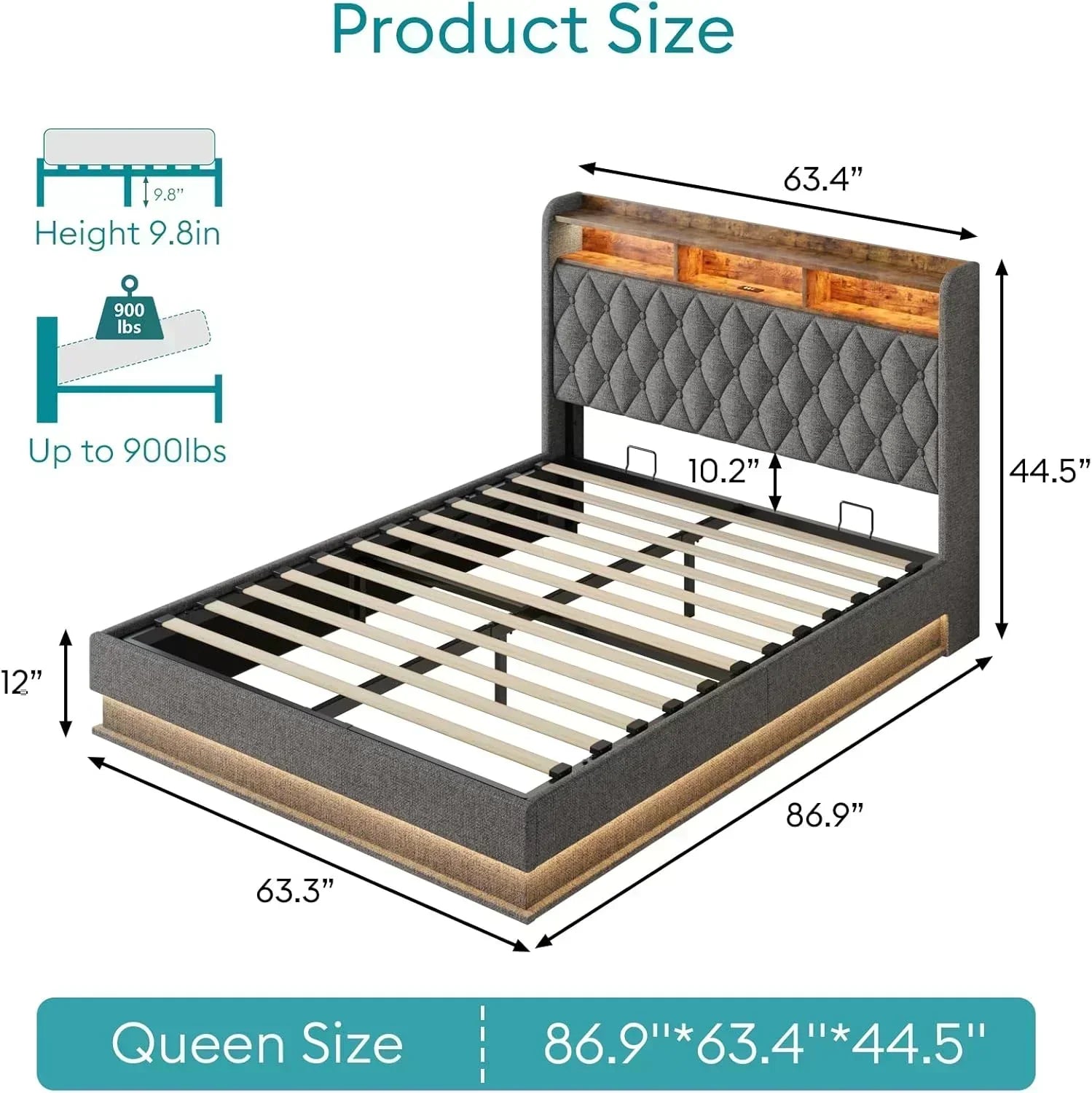 Queen Bed Frame with Storage Lift Up Queen Size Bed Frame Headboard Upholstered Platform Bed