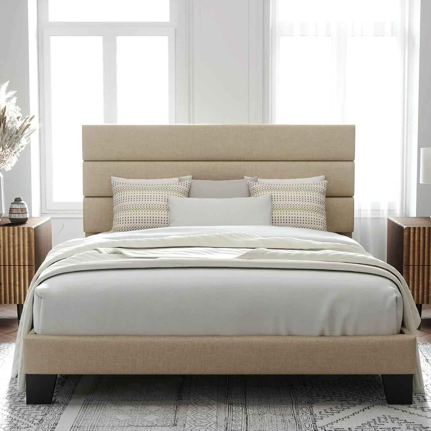 Allewie King size platform bed frame with velvet upholstered headboard and planks