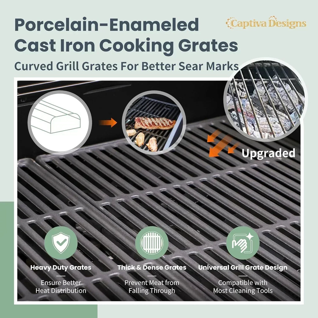 Captiva Designs 4-Burner Propane Gas BBQ Grill Side Burner Porcelain-Enameled Cast Iron Grates