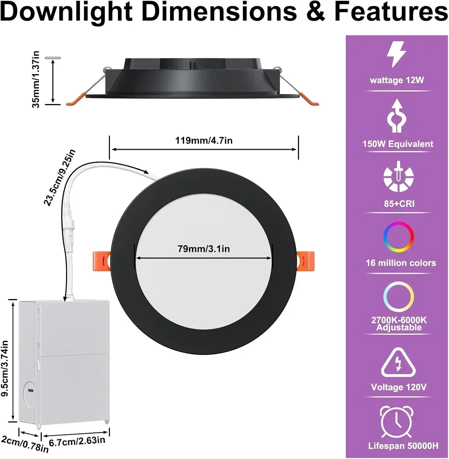 Smart Recessed Lighting 4 RGBCW Color Changing 12W LED Downlight with Junction Box