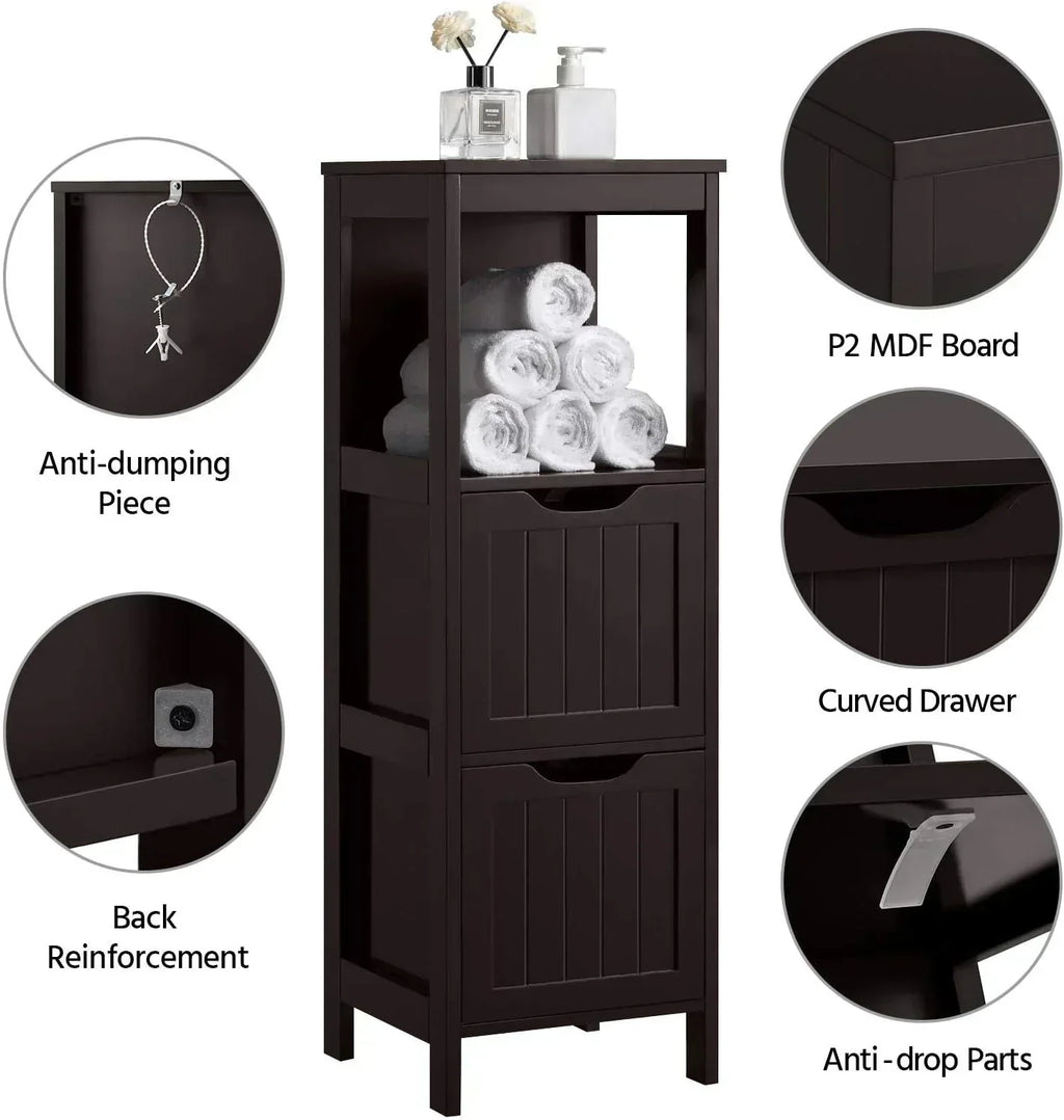 Bathroom Floor Cabinet Wooden Storage Cabinet with 2 Drawers Multifunctional Side Organizer Rack
