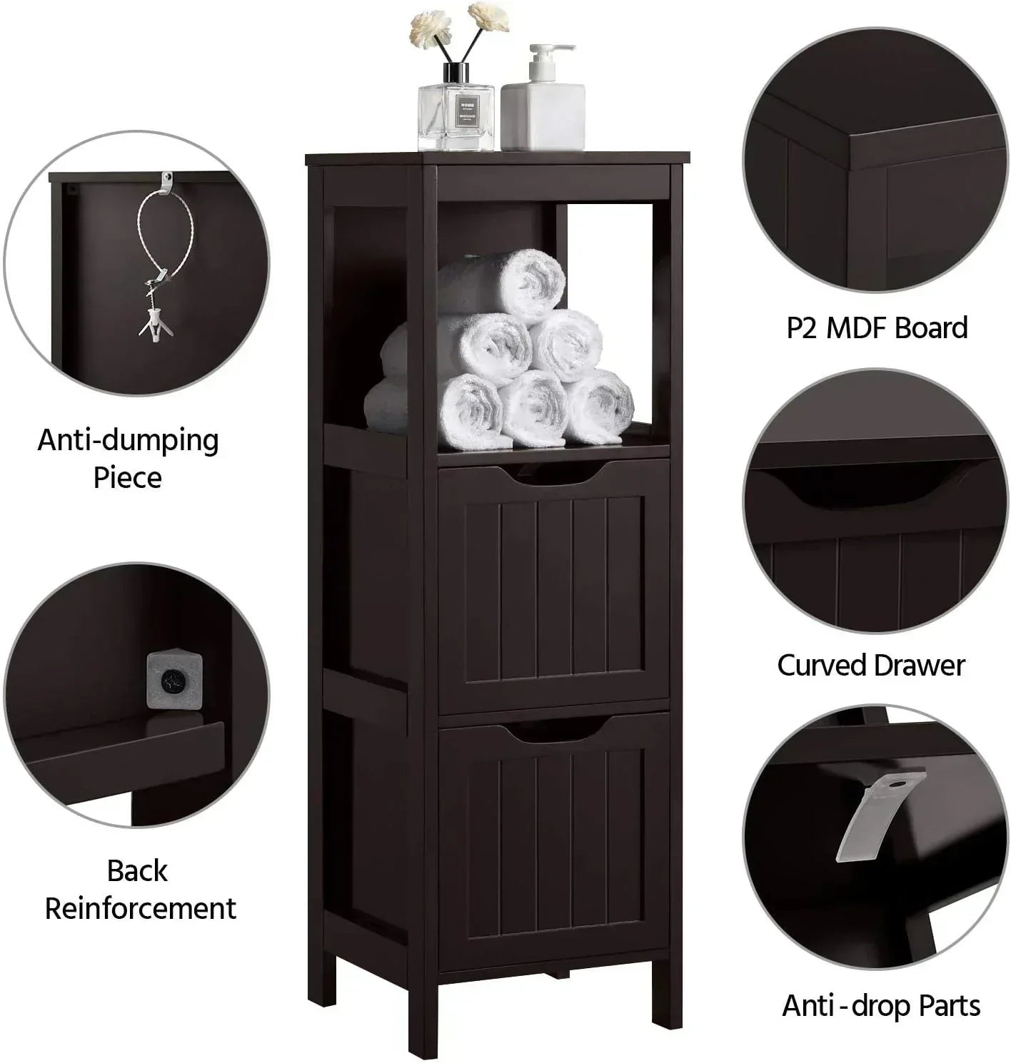 Bathroom Floor Cabinet Wooden Storage Cabinet with 2 Drawers Multifunctional Side Organizer Rack
