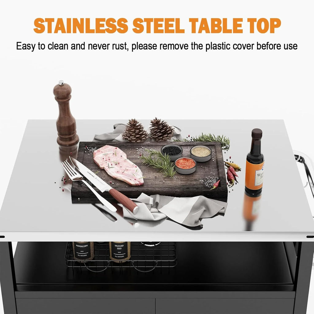 Stainless Steel Outdoor Grill Cart Pizza Oven Stand Trolley Table with Wheels Three-Shelf Movable Food Prep and Work Table Heavy Duty Grill Carts Outdoor Cart 31.5×24×35.5