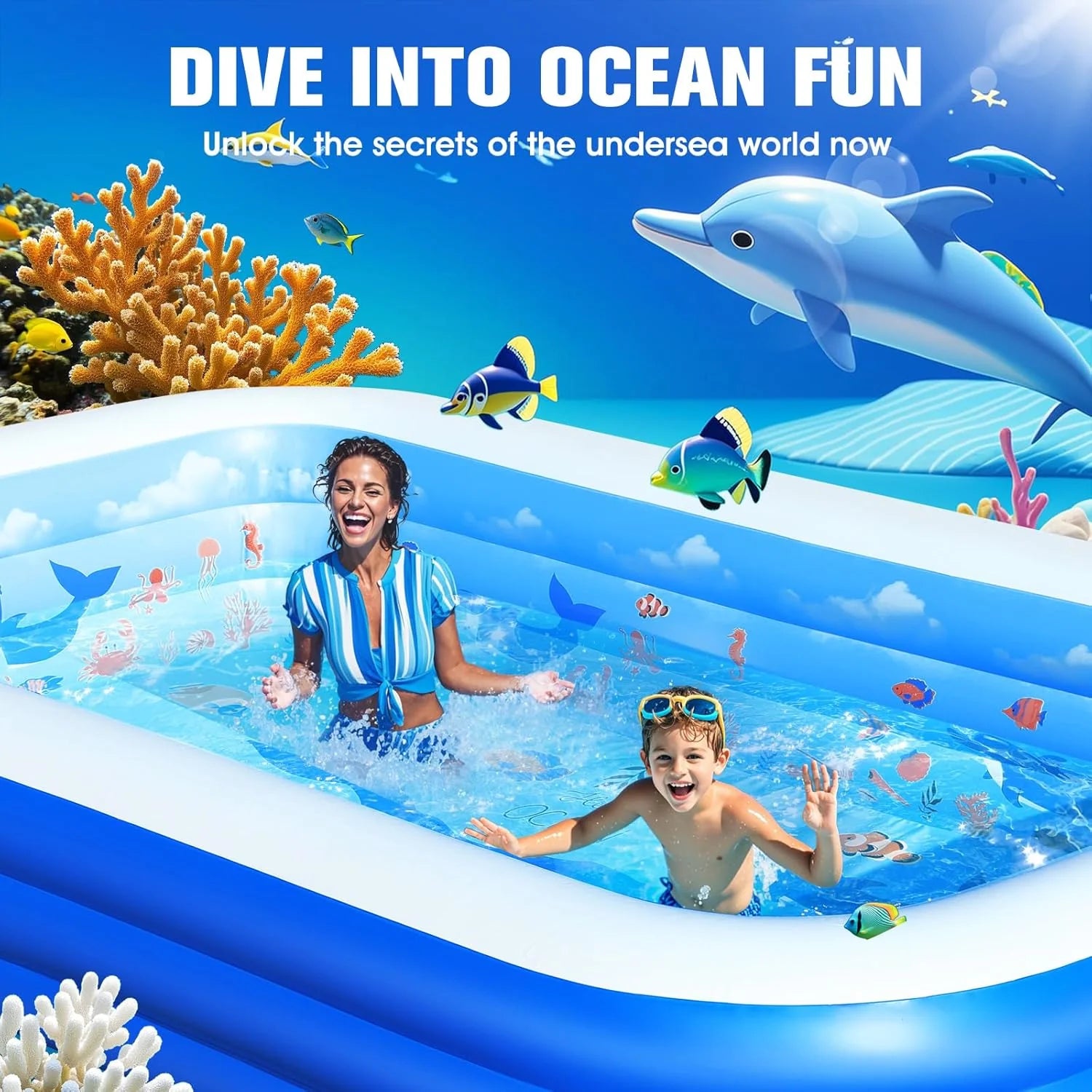 Inflatable Pool with Canopy,Upgraded Inflatable Swimming Pool for Kids,Adult,Large Inflatable Blow up Pools,Ocean Theme Oversized Thickened 105x75x25Inflatable Family Pools for Backyard-Blue