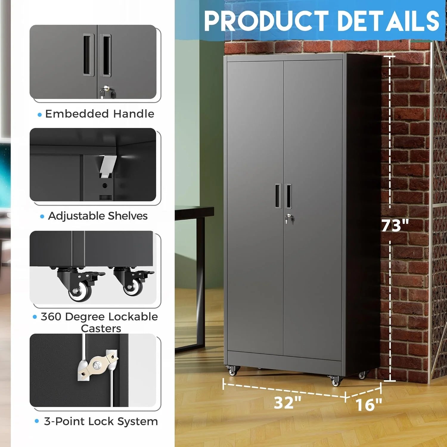 Greenvelly Metal Storage Cabinet, 72 Black Locking Metal Cabinet with 2 Doors and 4 Adjustable Shelves, Lockable Garage Storage Cabinets for Home Office, Garage, Kitchen, Living Room
