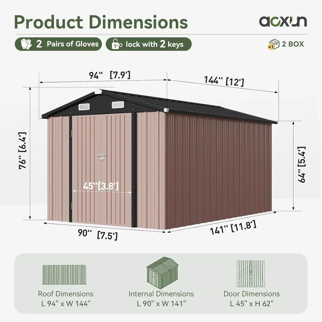 Aoxun 12x10 FT Shed Metal Outdoor Waterproof Storage Shed Steel Utility Garden Tool Shed
