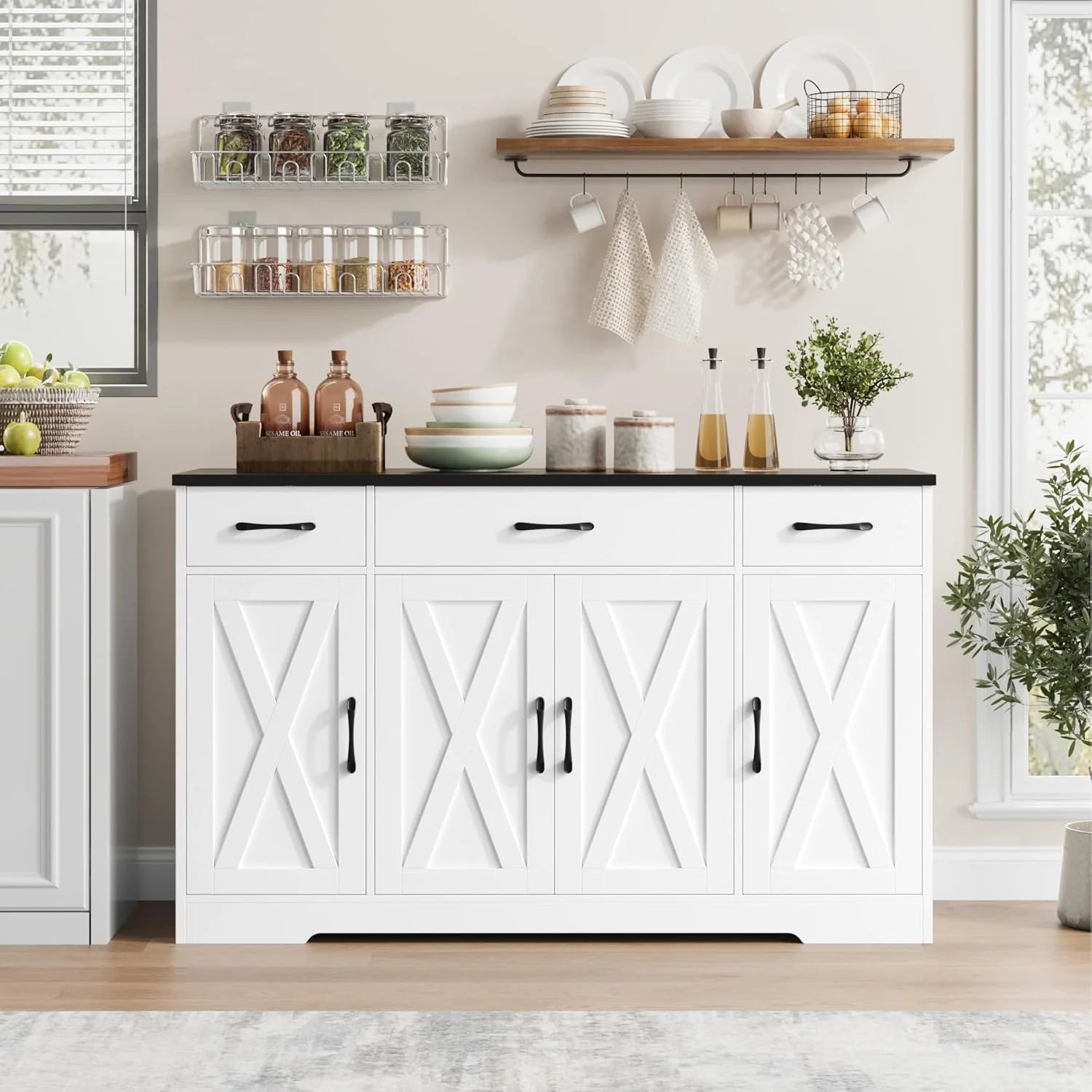 HOSTACK Buffet Cabinet with Drawers, 55 Large Sideboard Buffet Storage Cabinet with Shelves and Doors, Modern Farmhouse Coffee Bar Station Wood Kitchen Table for Kitchen, Dining Room, White/Rustic