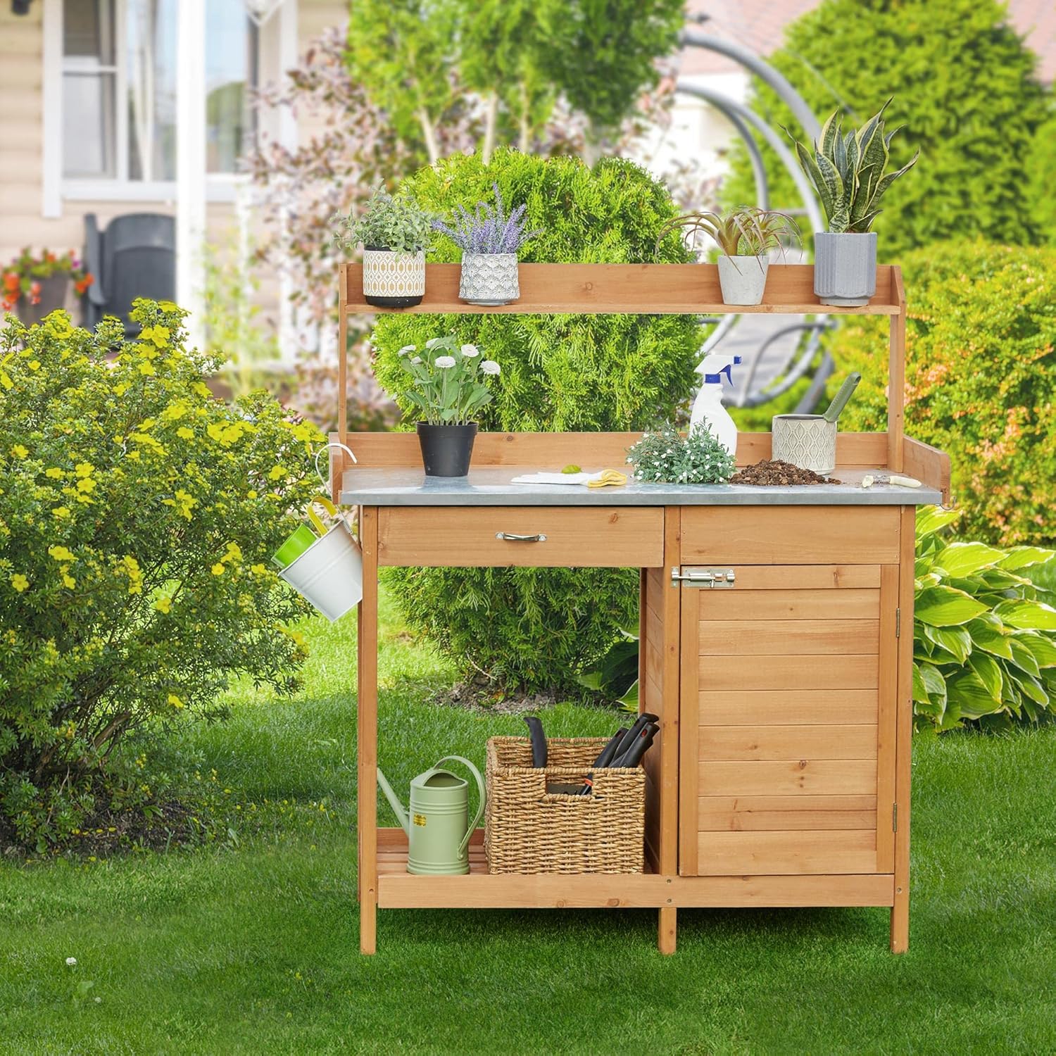 Yaheetech Outdoor Garden Potting Bench Table Work Bench Metal Tabletop Cabinet Drawer