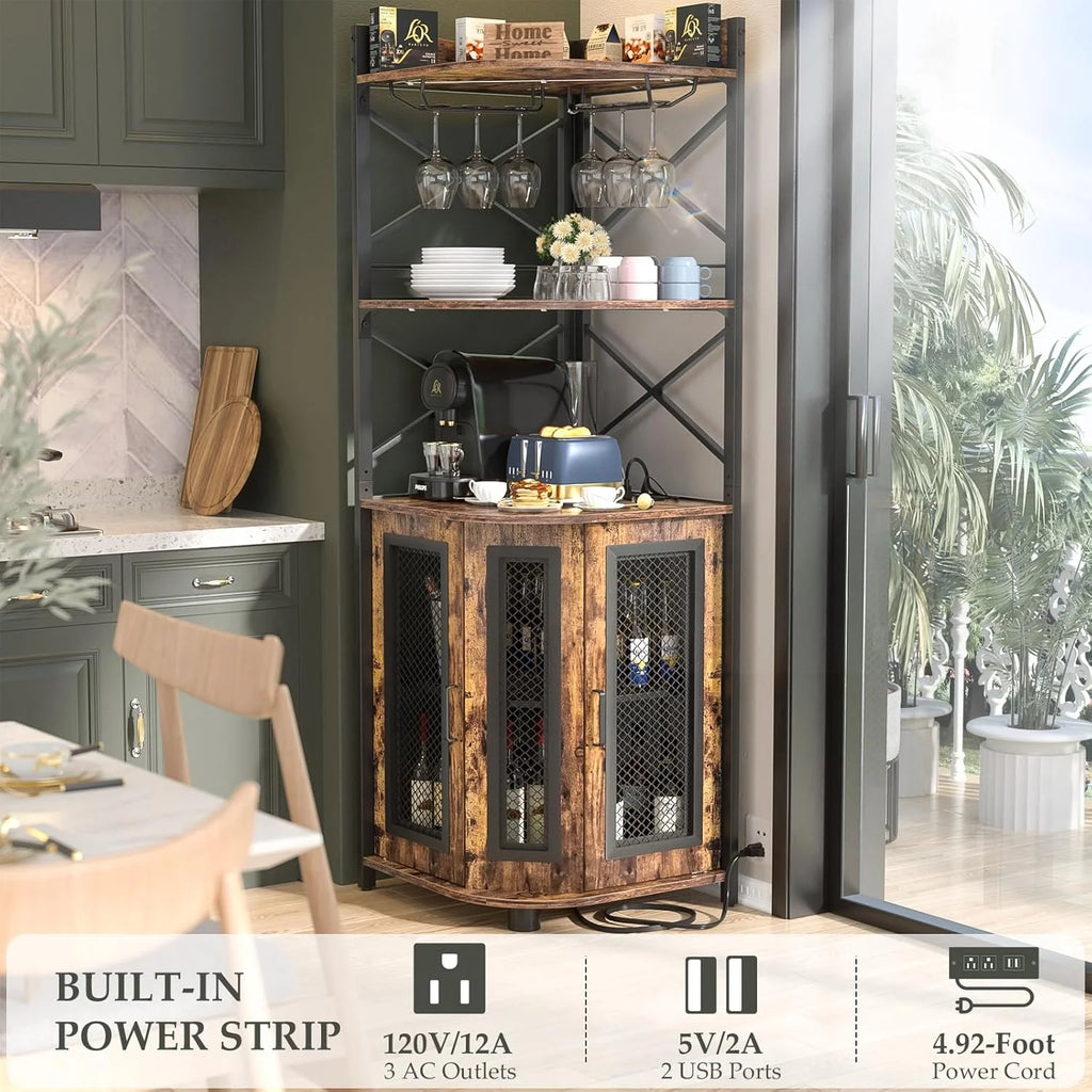 Aheaplus Corner Bar Cabinet with Power Outlet, Industrial Wine Cabinet with LED Strip and Glass Holder, 5-Tiers Liquor Cabinet Bar Unit for Home, Corner Display Cabinet for Small Space, White Oak