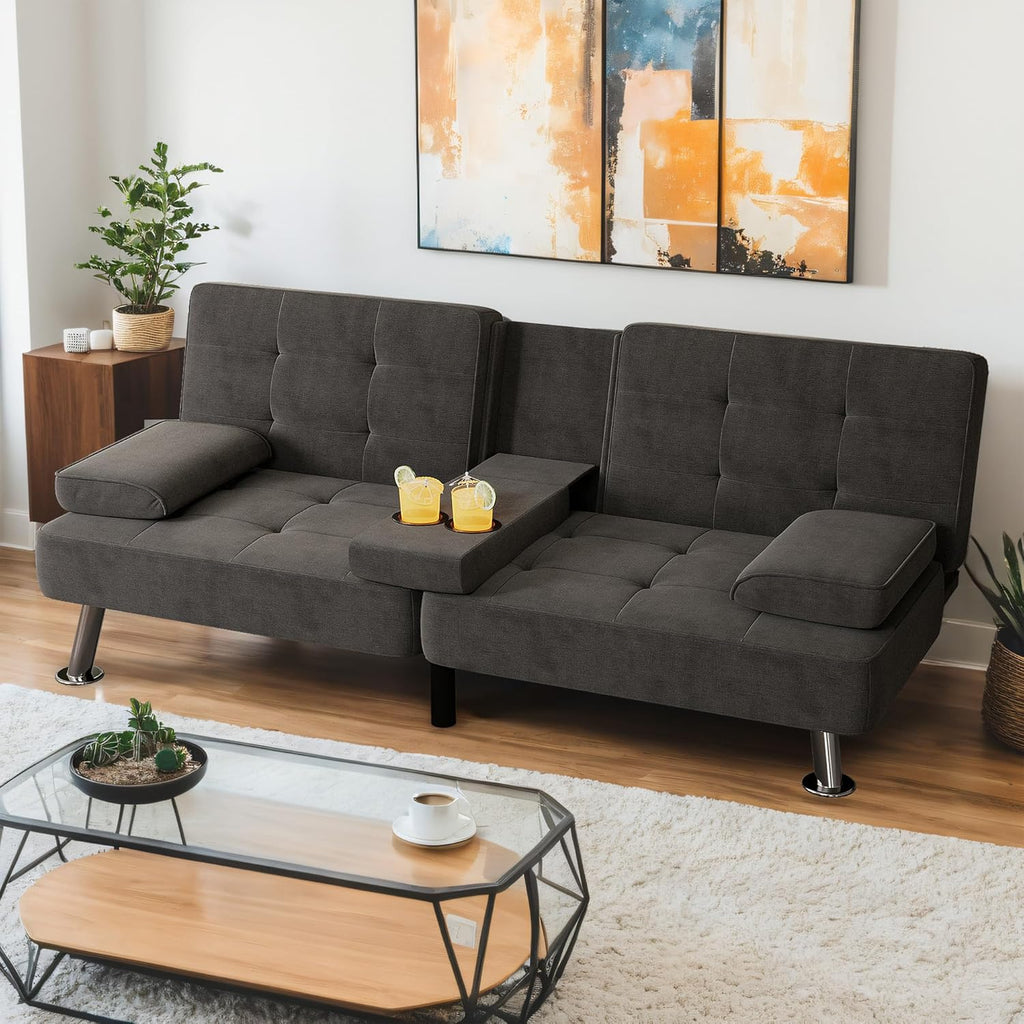 Shahoo Modern Linen Upholstered Convertible Folding Futon Sofa Bed with Removable Armrests