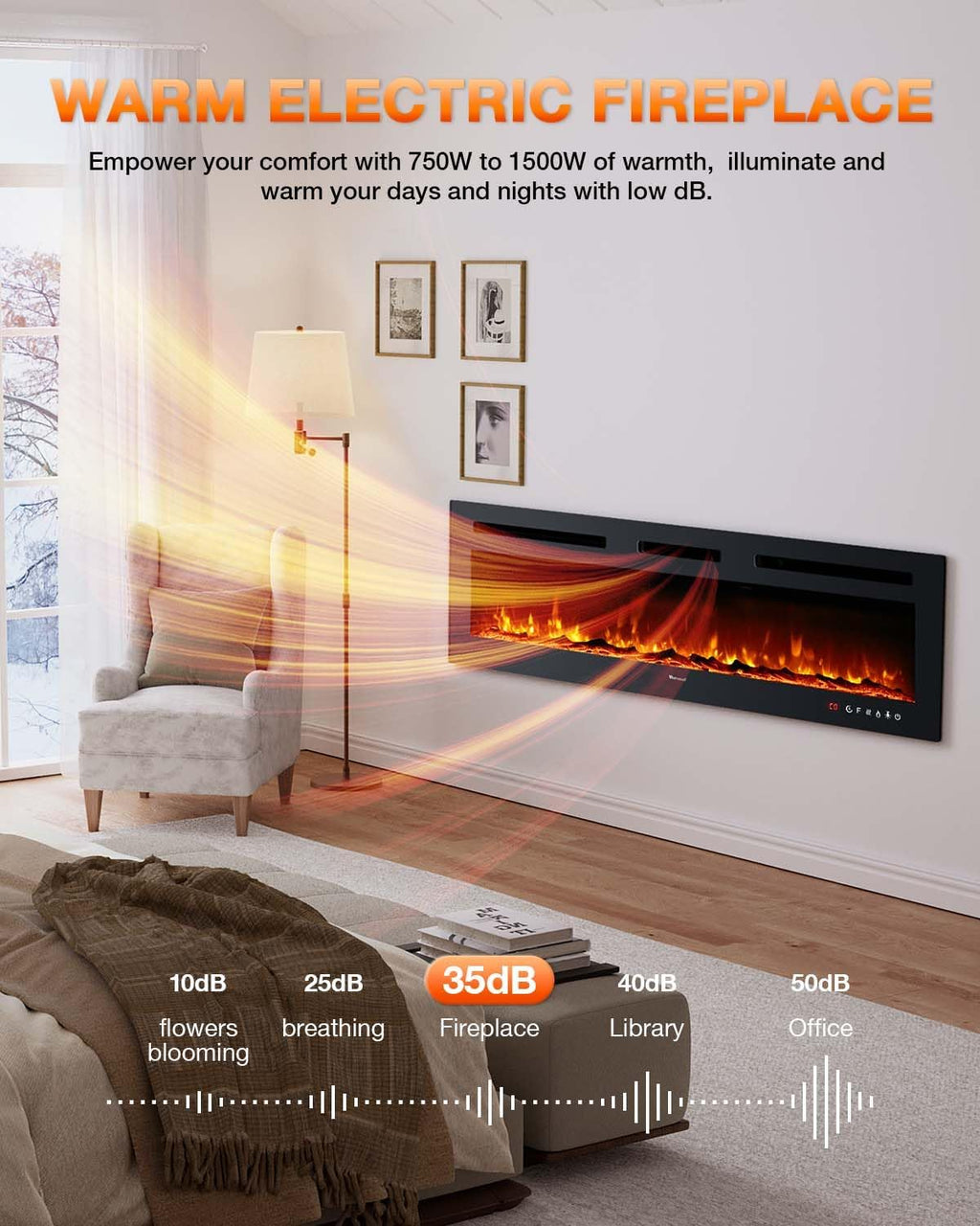 Electric Fireplace 60Inch,Wall Mounted Electric Fireplace Heater with Timer Inserts��TV Stand Touch Screen and Realistic Flame,Log Set,Crystal Flames 750 to 1500W��Remote for Living Room
